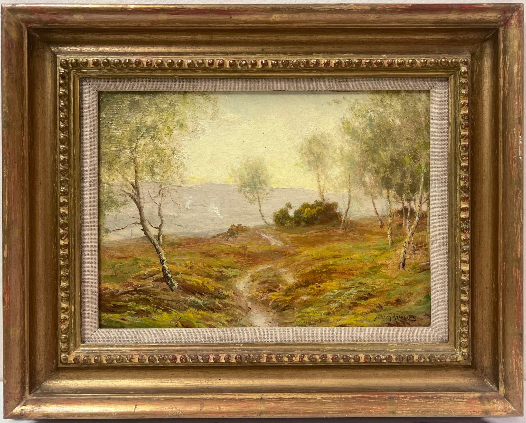 Golden Light in the English Countryside
early 20th century, signed Albert Stanley?
oil on board, framed
framed: 11 x 14 inches
board : 8 x 10.5 inches
provenance: private collection, UK
condition: very good and sound condition 