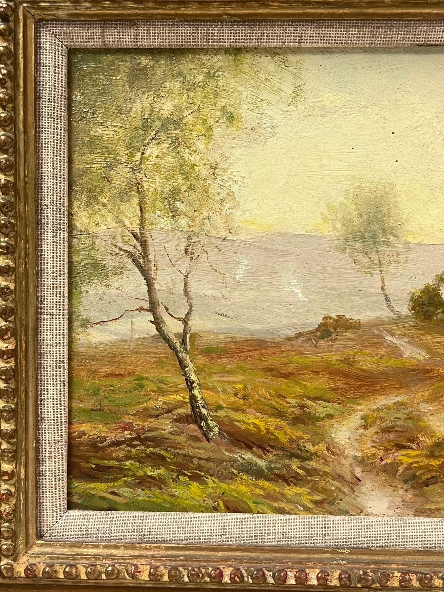 Golden English Landscape Signed Oil Painting Antique Original in Gilt Frame For Sale 2