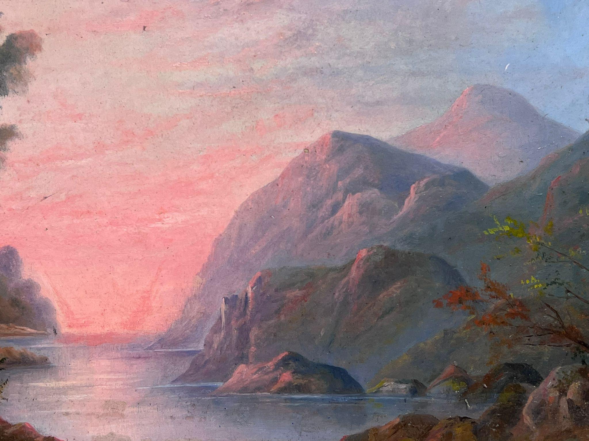 Mid 19th Century English Oil Painting Pink Sunset over Lake Landscape Hills (peinture à l'huile anglaise du milieu du XIXe siècle) en vente 1