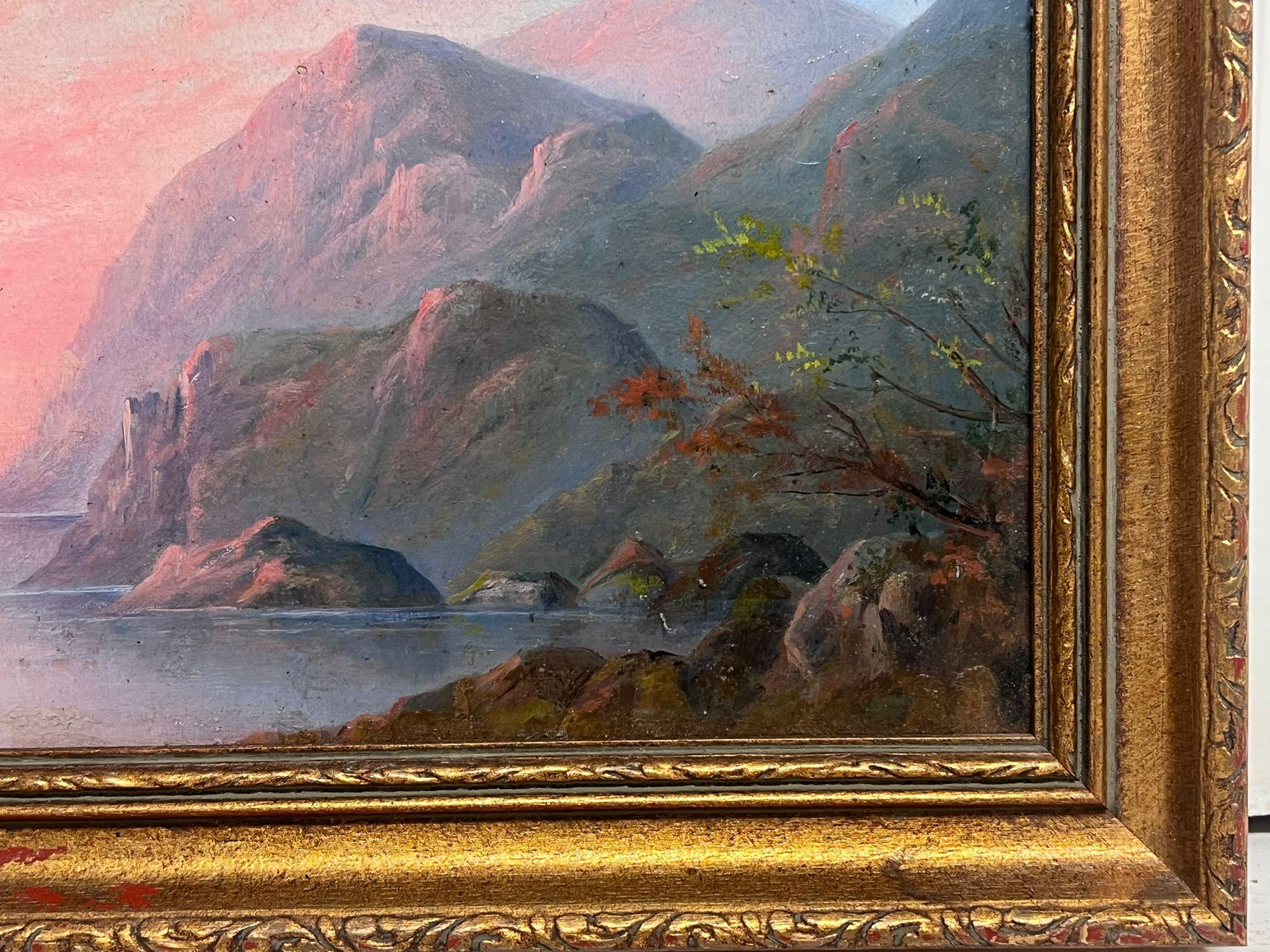 Mid 19th Century English Oil Painting Pink Sunset over Lake Landscape Hills (peinture à l'huile anglaise du milieu du XIXe siècle) en vente 3