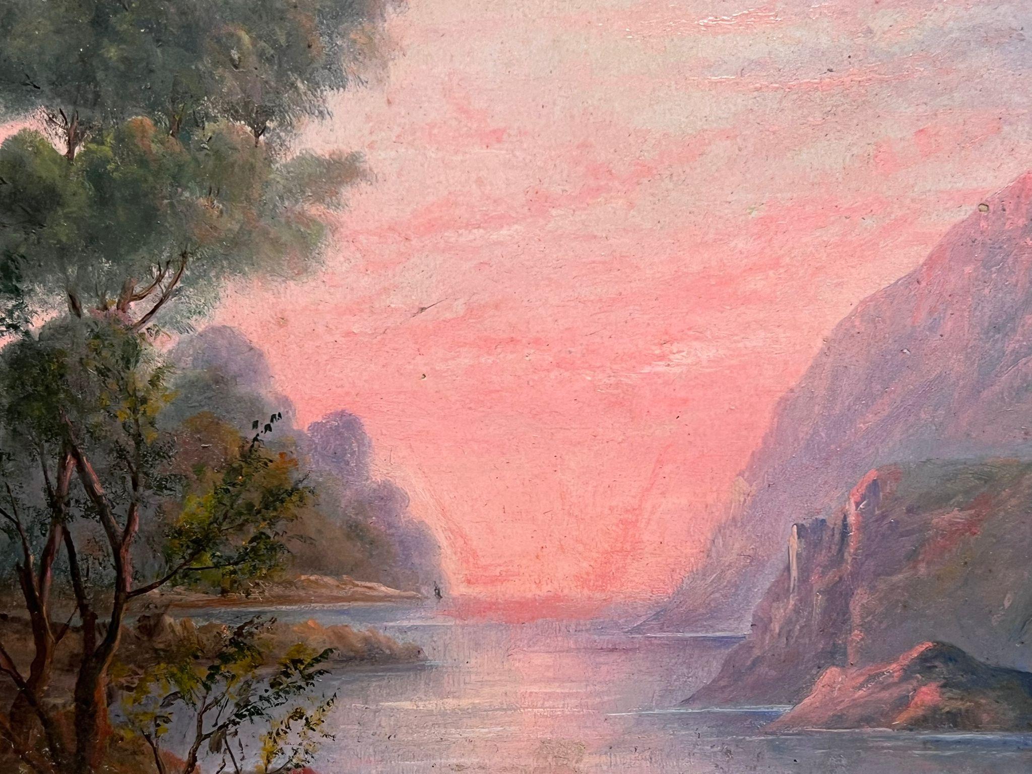 Mid 19th Century English Oil Painting Pink Sunset over Lake Landscape Hills (peinture à l'huile anglaise du milieu du XIXe siècle) en vente 4