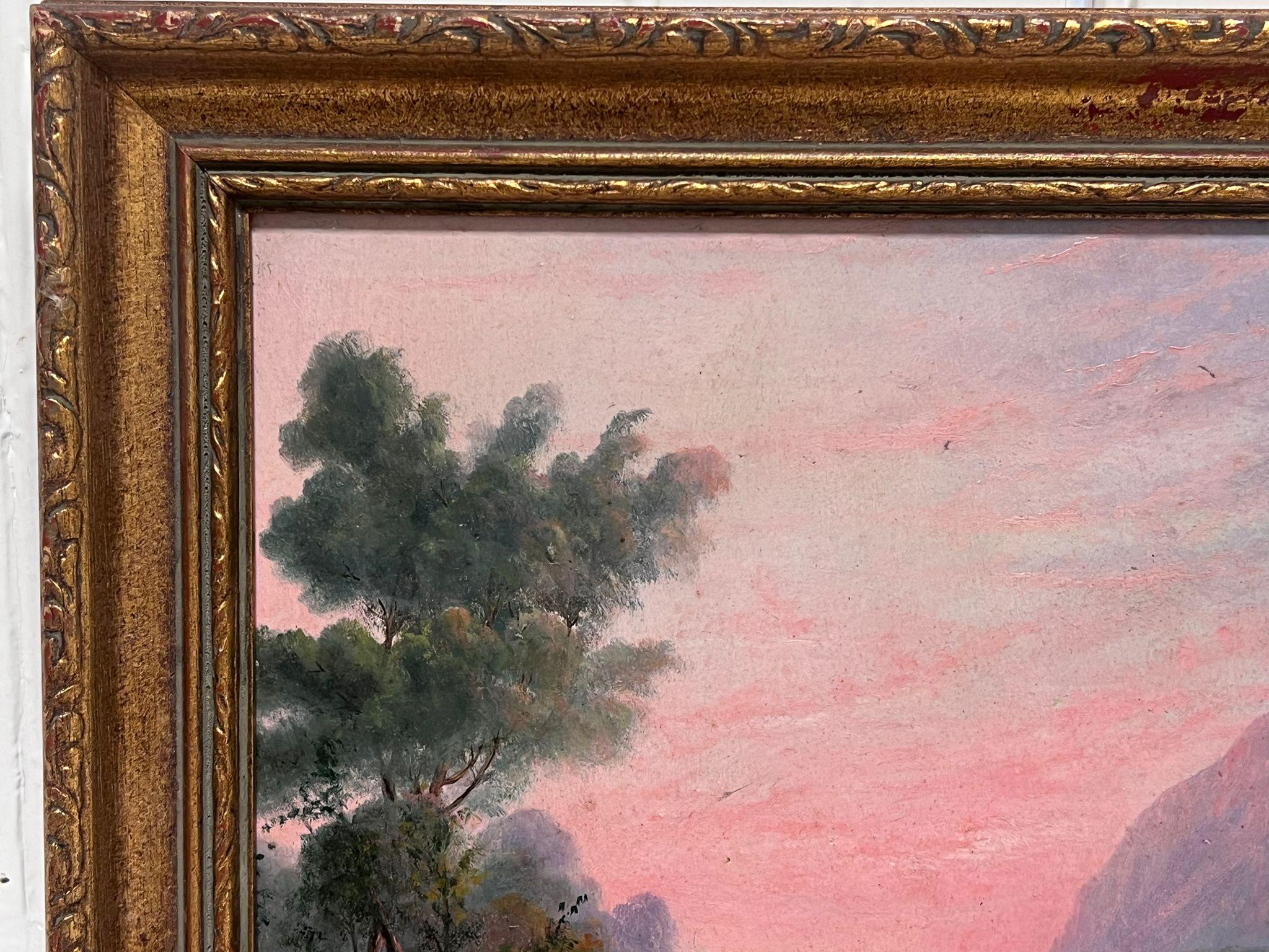 Mid 19th Century English Oil Painting Pink Sunset over Lake Landscape Hills (peinture à l'huile anglaise du milieu du XIXe siècle) en vente 5