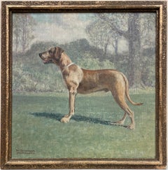 Antique 1900's English Dog Painting Portrait of Great Dane standing in Garden, signed