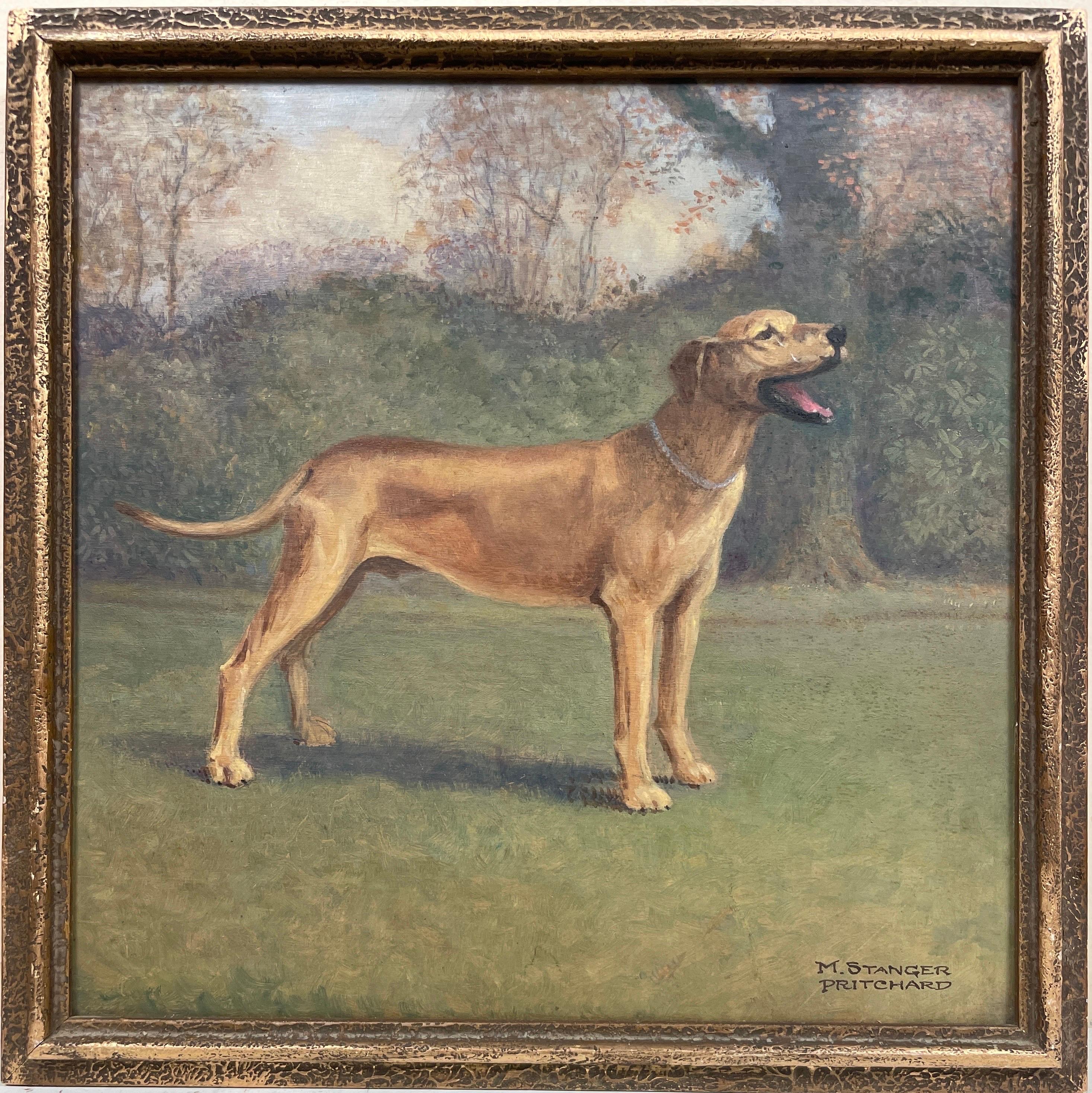 English Antique Oil Animal Painting - 1900's English Dog Painting Portrait of Great Dane standing in Garden, signed