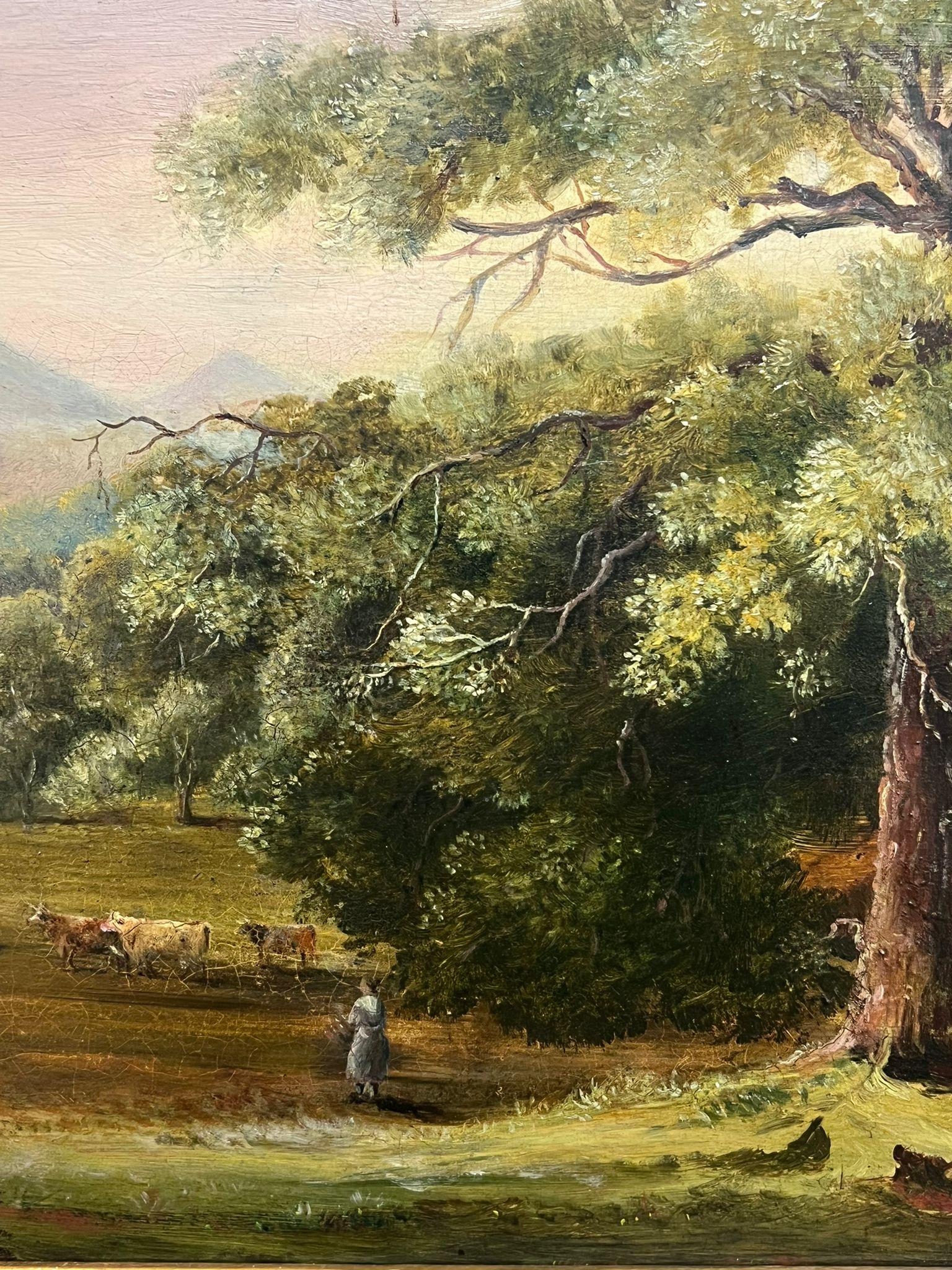 19th Century English Oil Painting Figure & Cattle in Green Pastures Valley For Sale 2