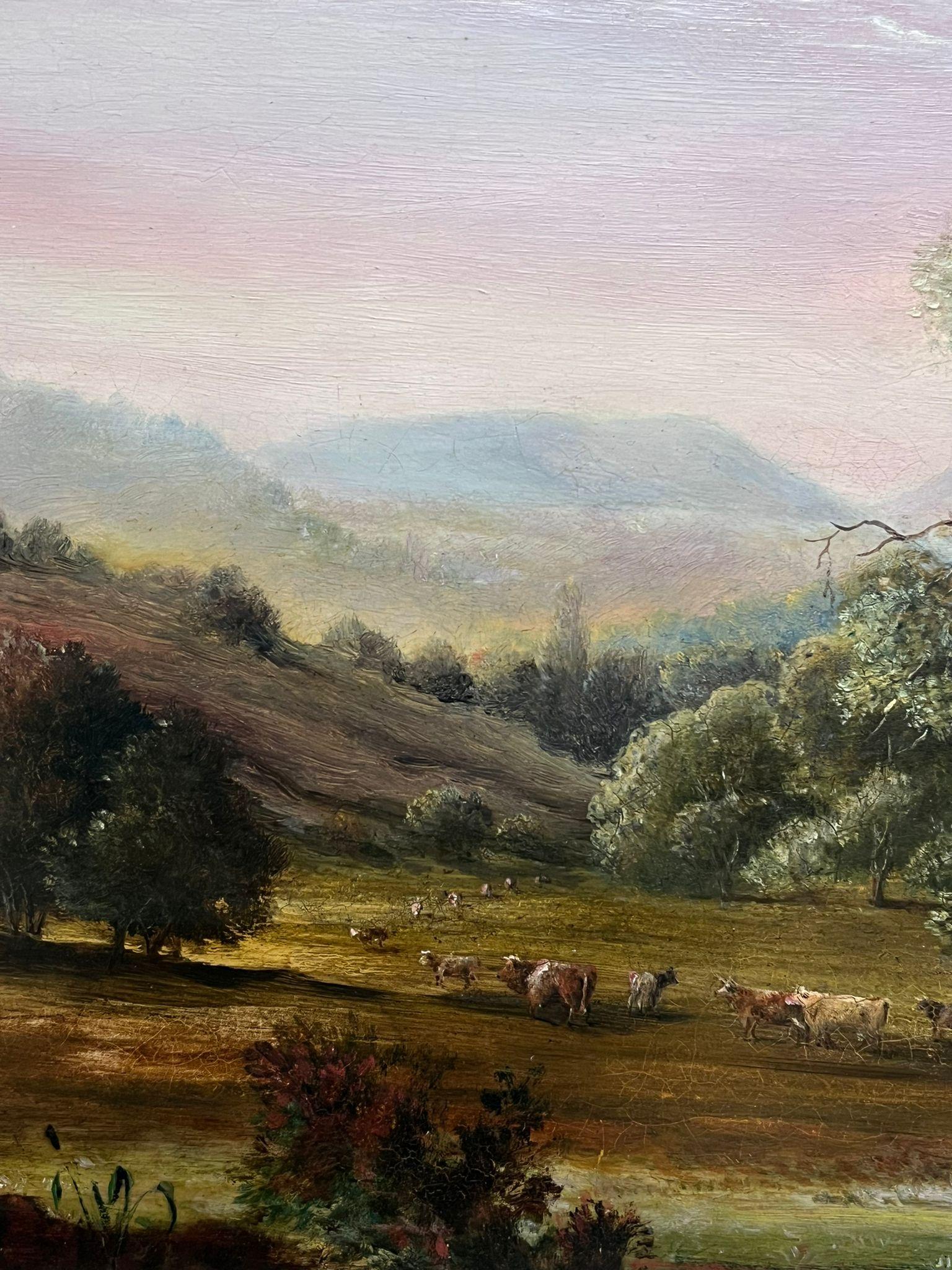 19th Century English Oil Painting Figure & Cattle in Green Pastures Valley For Sale 5