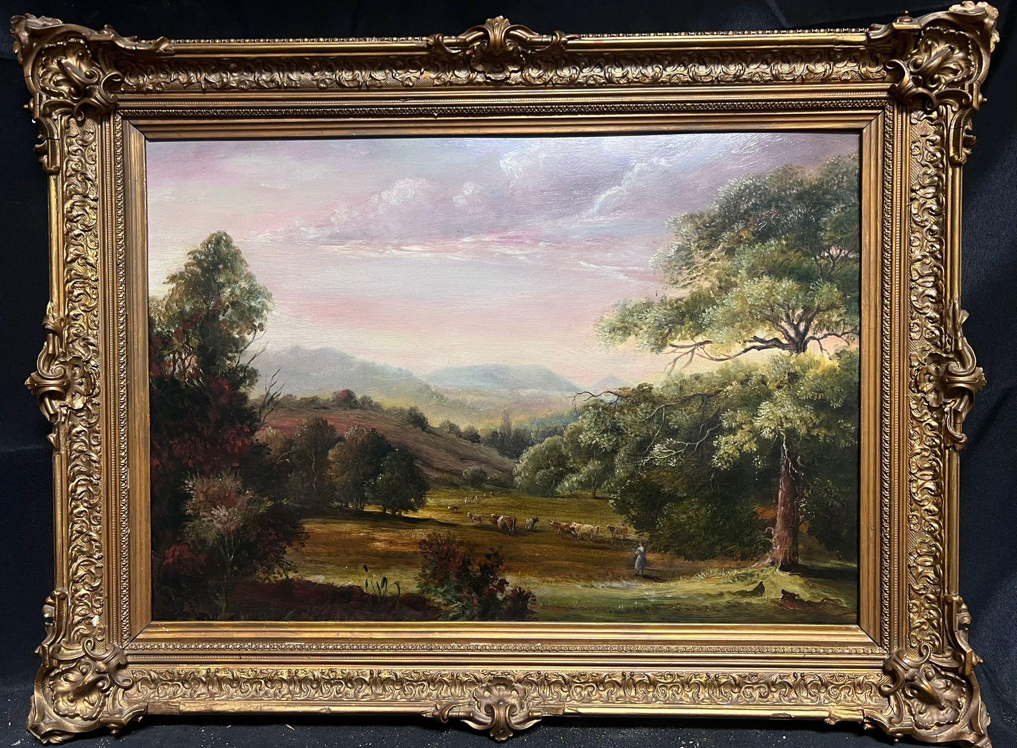 English Antique Oil Animal Painting - 19th Century English Oil Painting Figure & Cattle in Green Pastures Valley