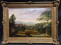 Antique 19th Century English Oil Painting Figure & Cattle in Green Pastures Valley