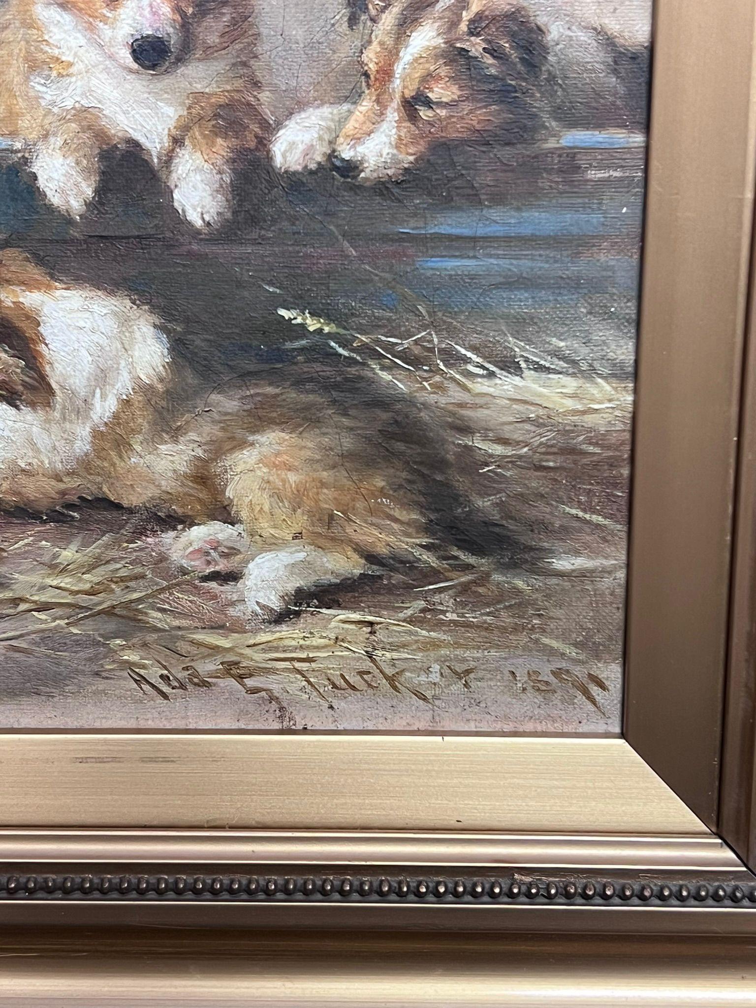 Pintura al óleo inglesa del siglo XIX Cachorros juguetones de perro pastor de Shetland 2