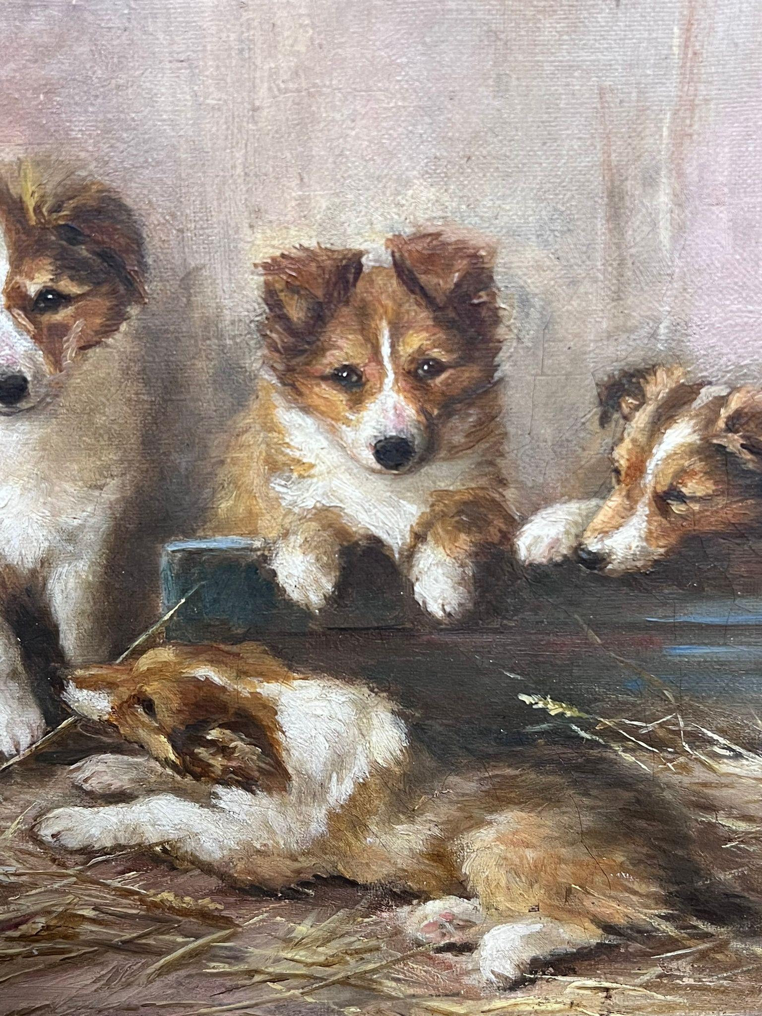 Pintura al óleo inglesa del siglo XIX Cachorros juguetones de perro pastor de Shetland 4