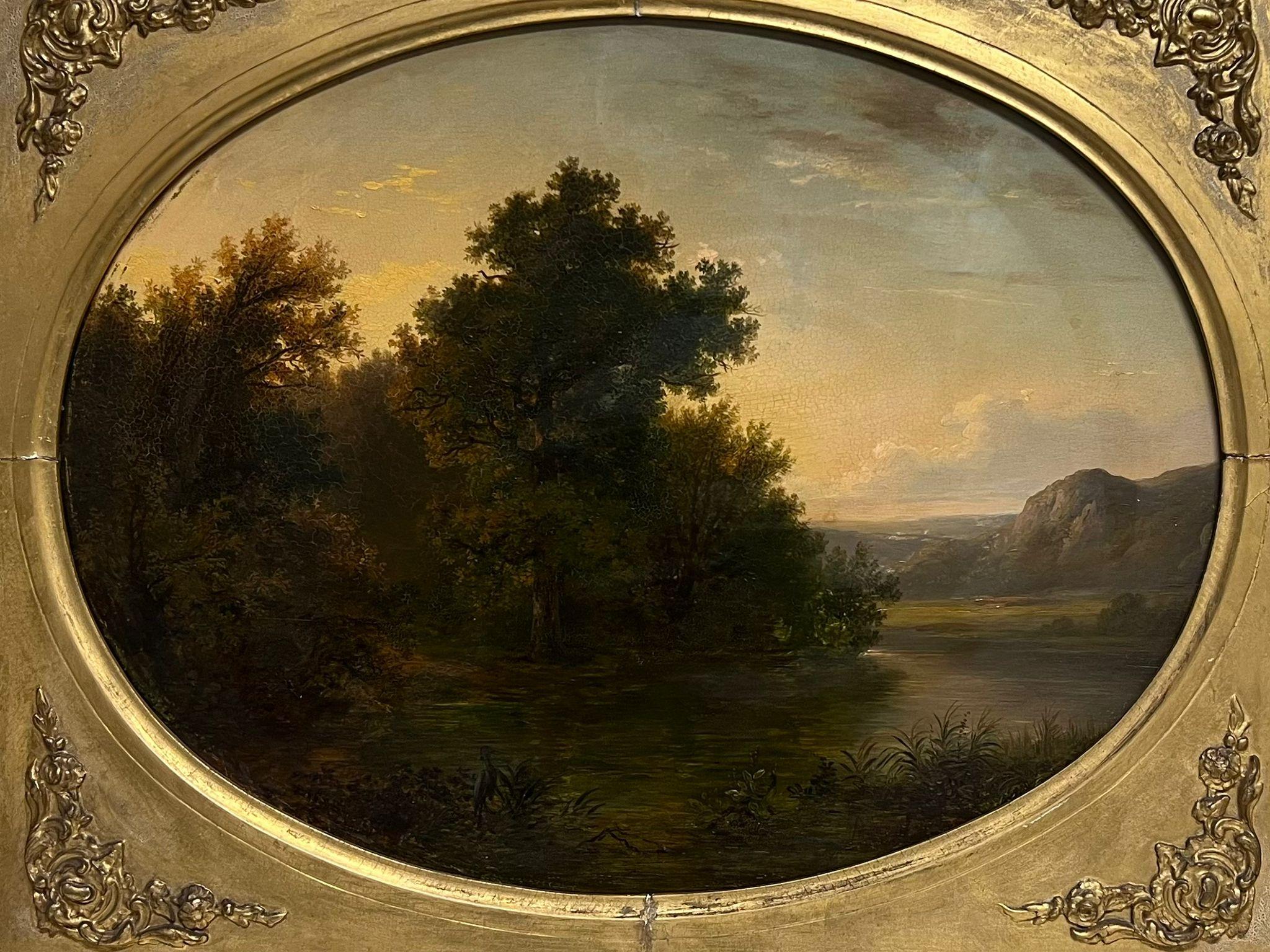 Fine Early 1800's English Romantic Sunset Landscape Oval Panel Christies prov. - Painting by English Antique Oil