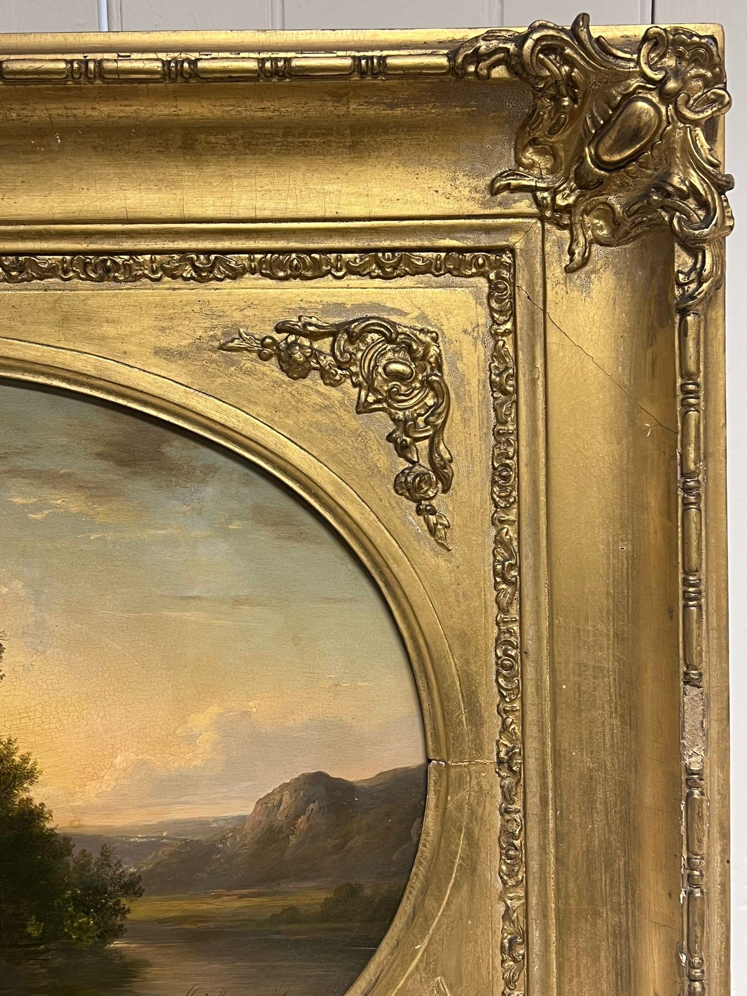 Fine Early 1800's English Romantic Sunset Landscape Oval Panel Christies prov. - Old Masters Painting by English Antique Oil