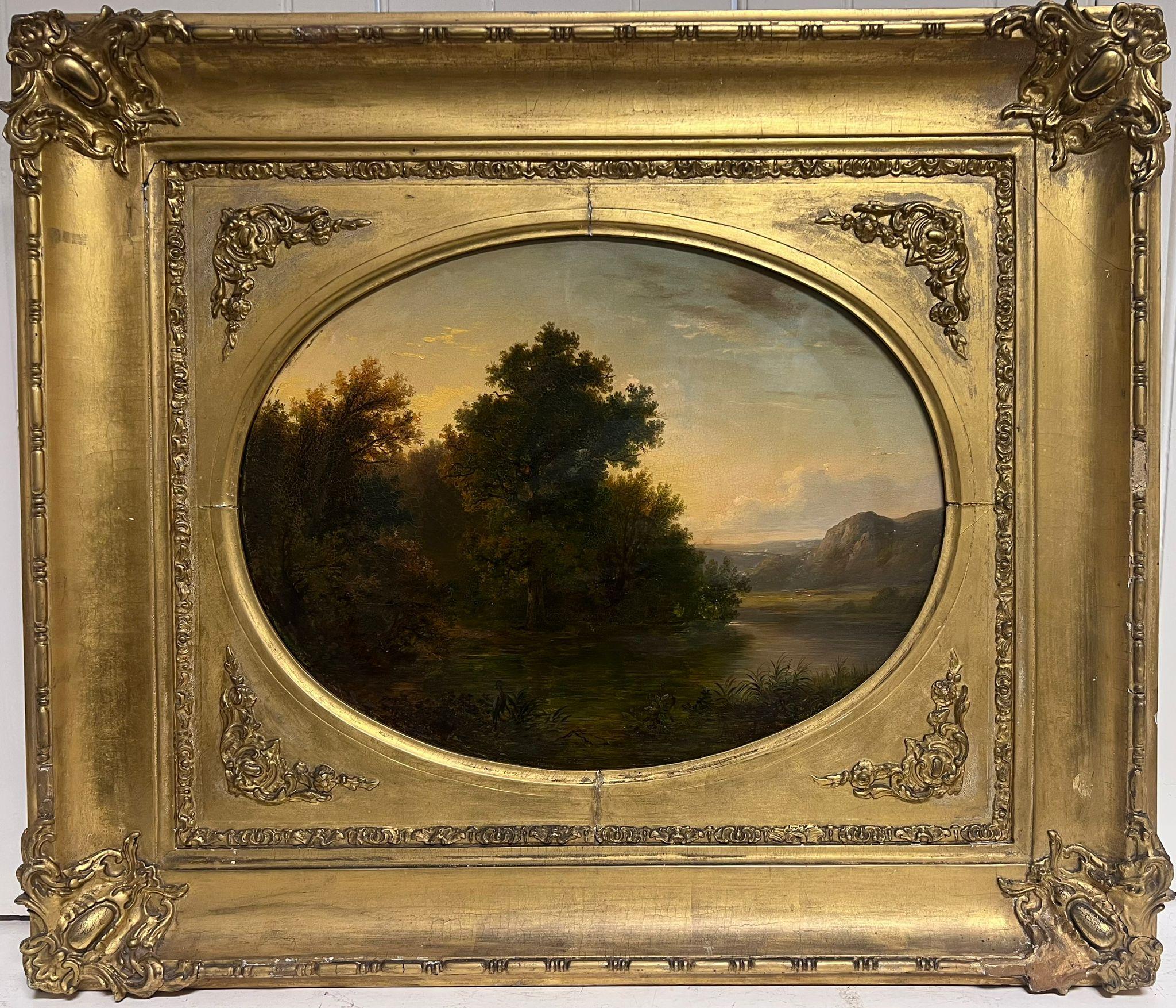 English Antique Oil Landscape Painting - Fine Early 1800's English Romantic Sunset Landscape Oval Panel Christies prov.