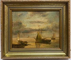 Fishing Boats Moored off Harbour Signed Antique English Marine Oil Painting