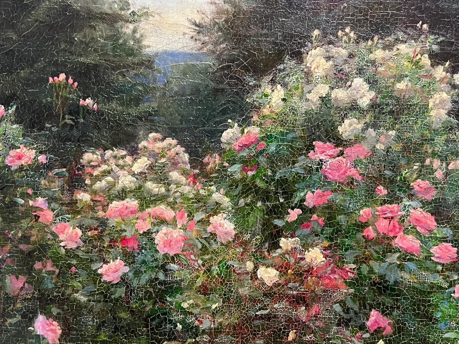 Óleo impresionista inglés de finales del siglo XIX La rosaleda - Still-Life Painting Gris de English Antique Oil