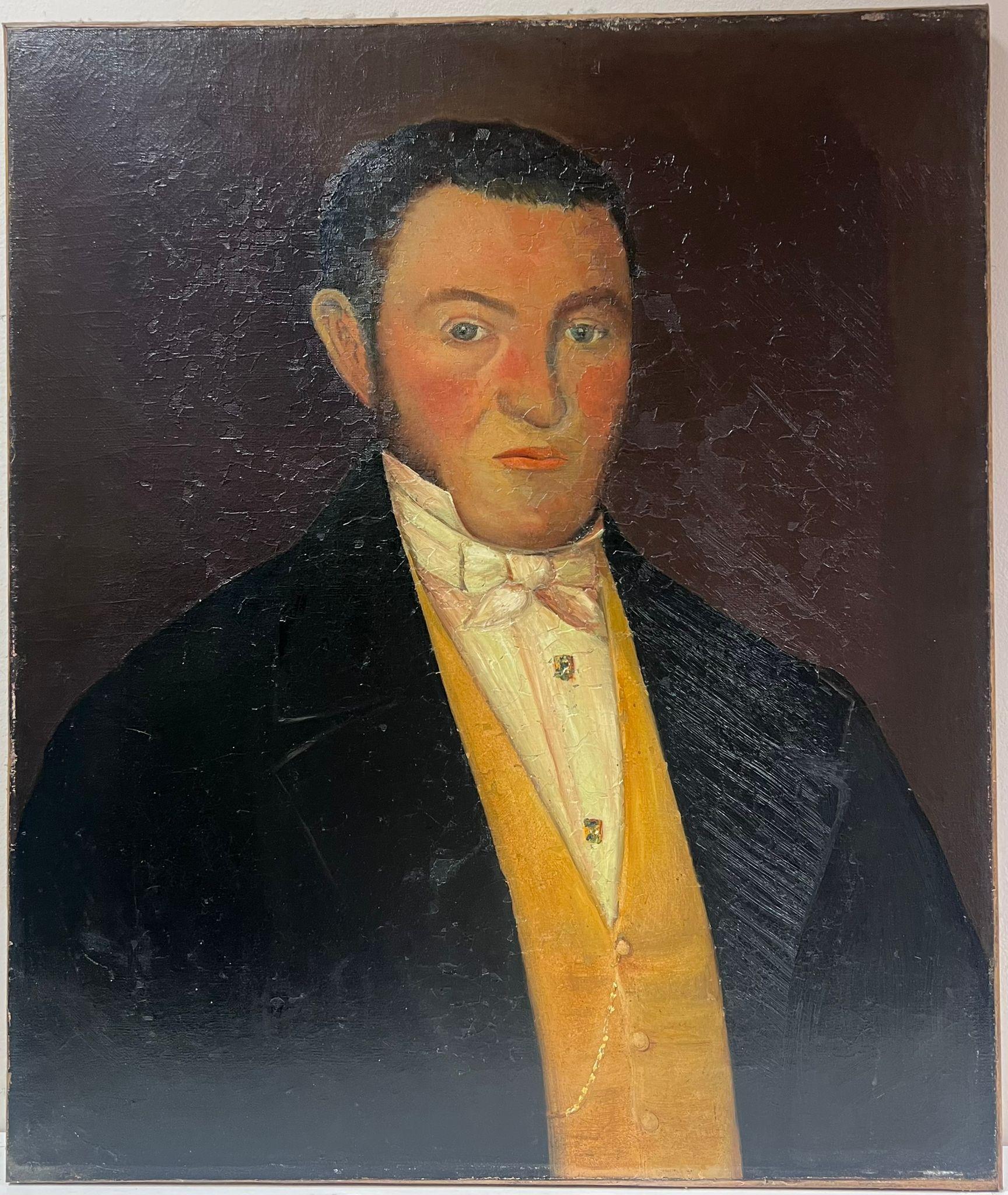 Mid 19th Century English Oil Painting Portrait of Country Squire in Yellow Waist - Black Figurative Painting by English Antique Oil