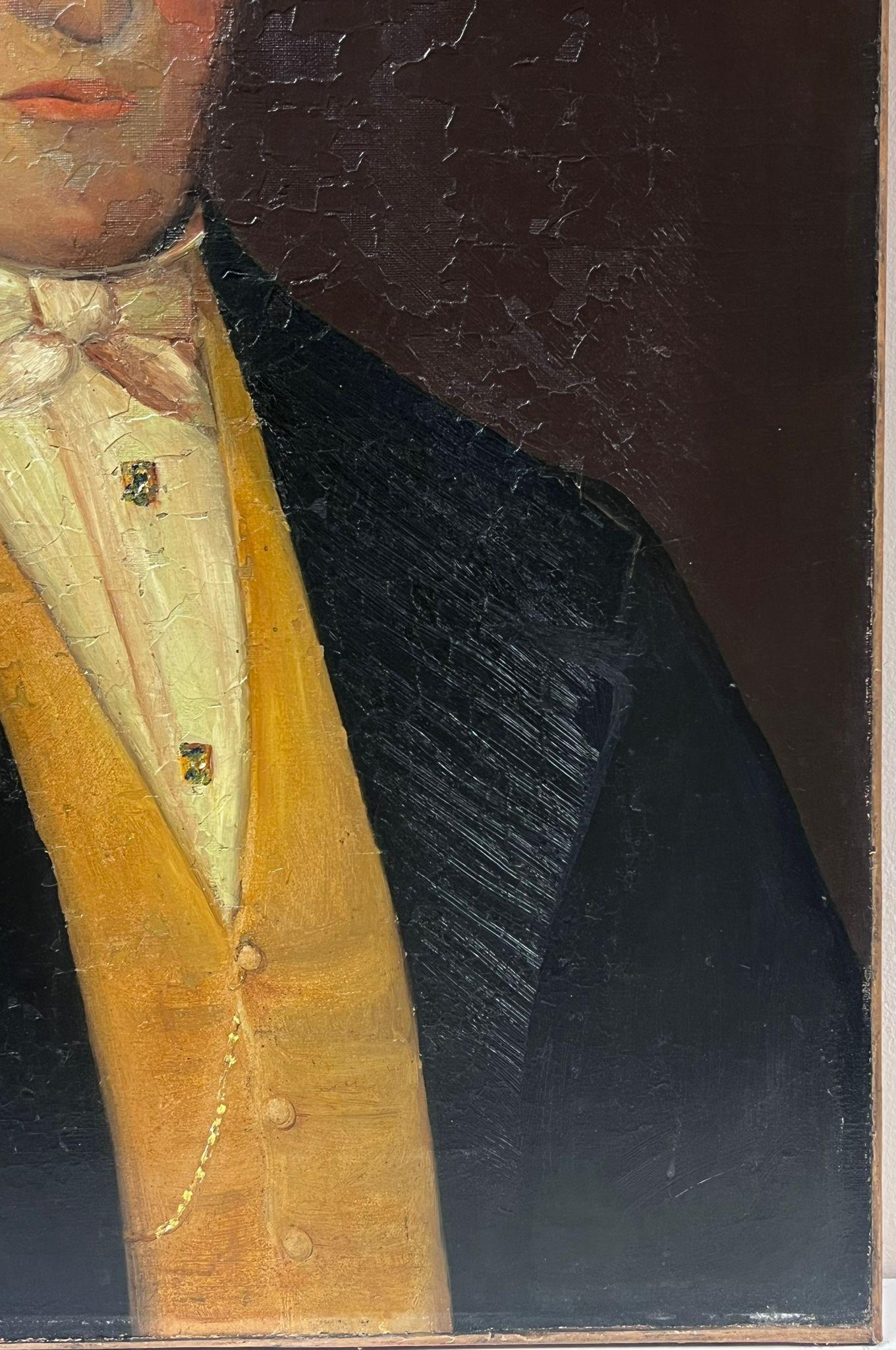 Mid 19th Century English Oil Painting Portrait of Country Squire in Yellow Waist For Sale 2