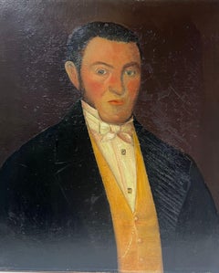 Peinture à l'huile anglaise du milieu du 19e siècle Portrait d'un écuyer en ceinture jaune