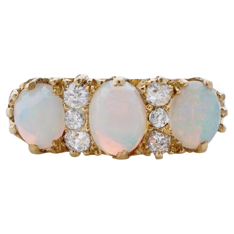 English Antique Opal and Old European-Cut Diamond Three Stone Ring For ...