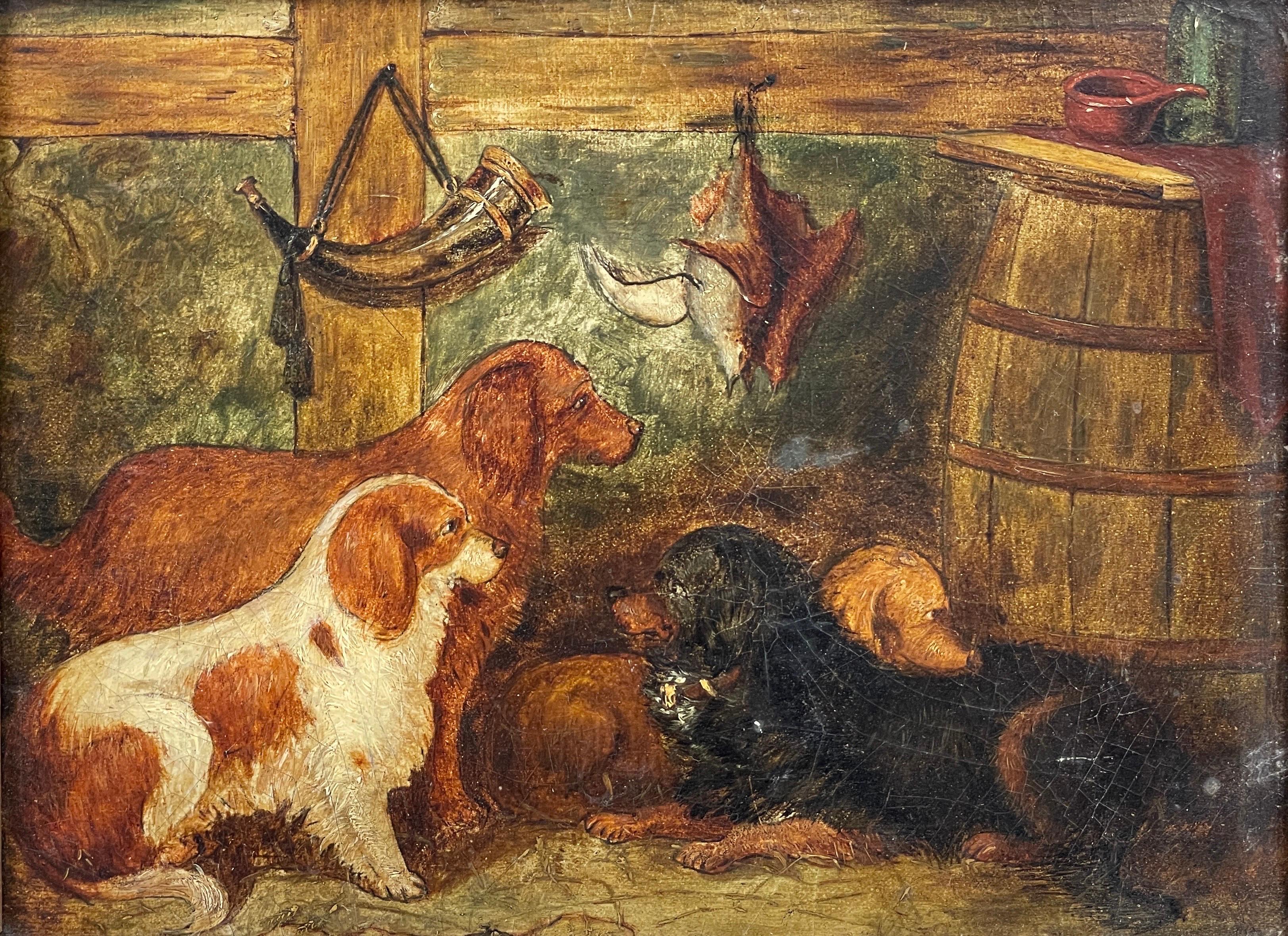 English Antique Animal Painting - 19th Century English Dog Oil Painting Spaniels in Barn Interior