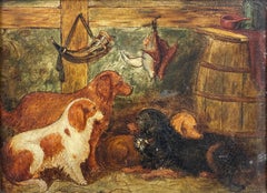19th Century English Dog Oil Painting Spaniels in Barn Interior