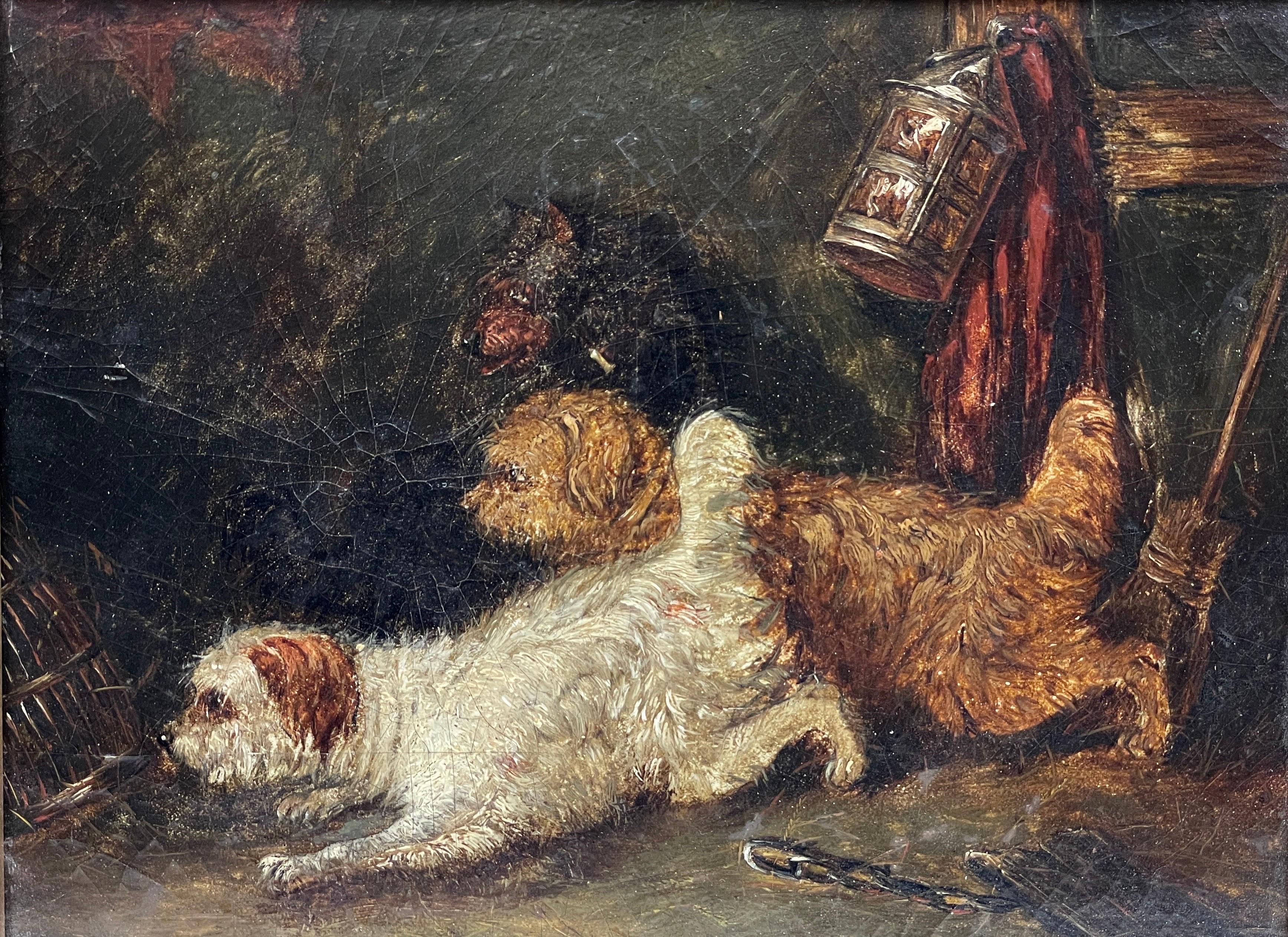 English Antique Interior Painting - 19th Century English Dog Oil Painting Terriers Ratting in Barn Interior