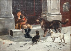 19th Century English Dog Oil Painting Three Dogs with Monkey & Boy, signed
