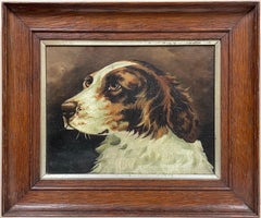 Antique English Dog Oil Painting Head Portrait of Spaniel Dog
