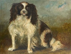 Antique English Naive Folk Art Oil Painting King Charles Cavalier Spaniel Dog