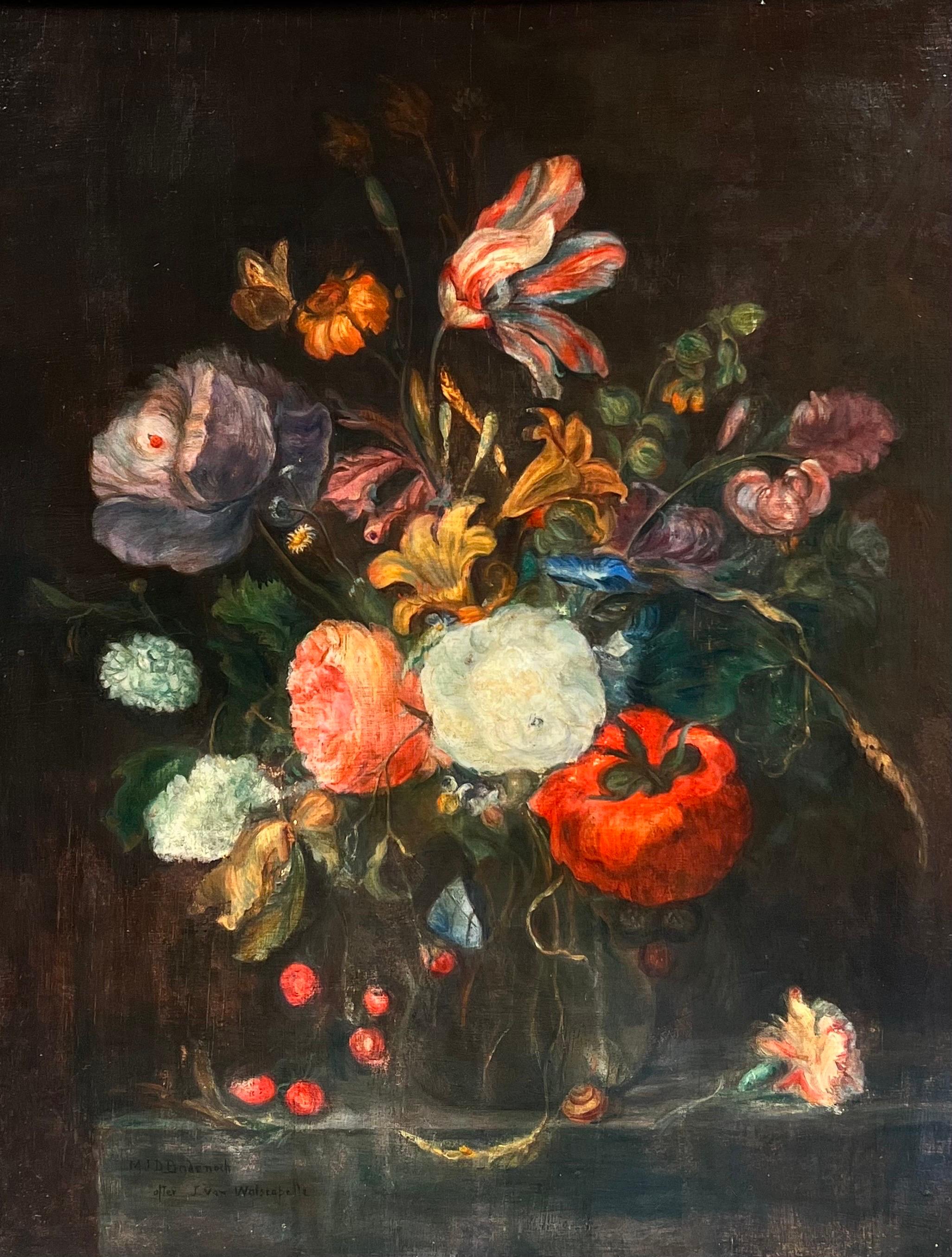 Fine Classical Still Life Ornamental Flowers in Vase, signed oil painting - Painting by English Antique