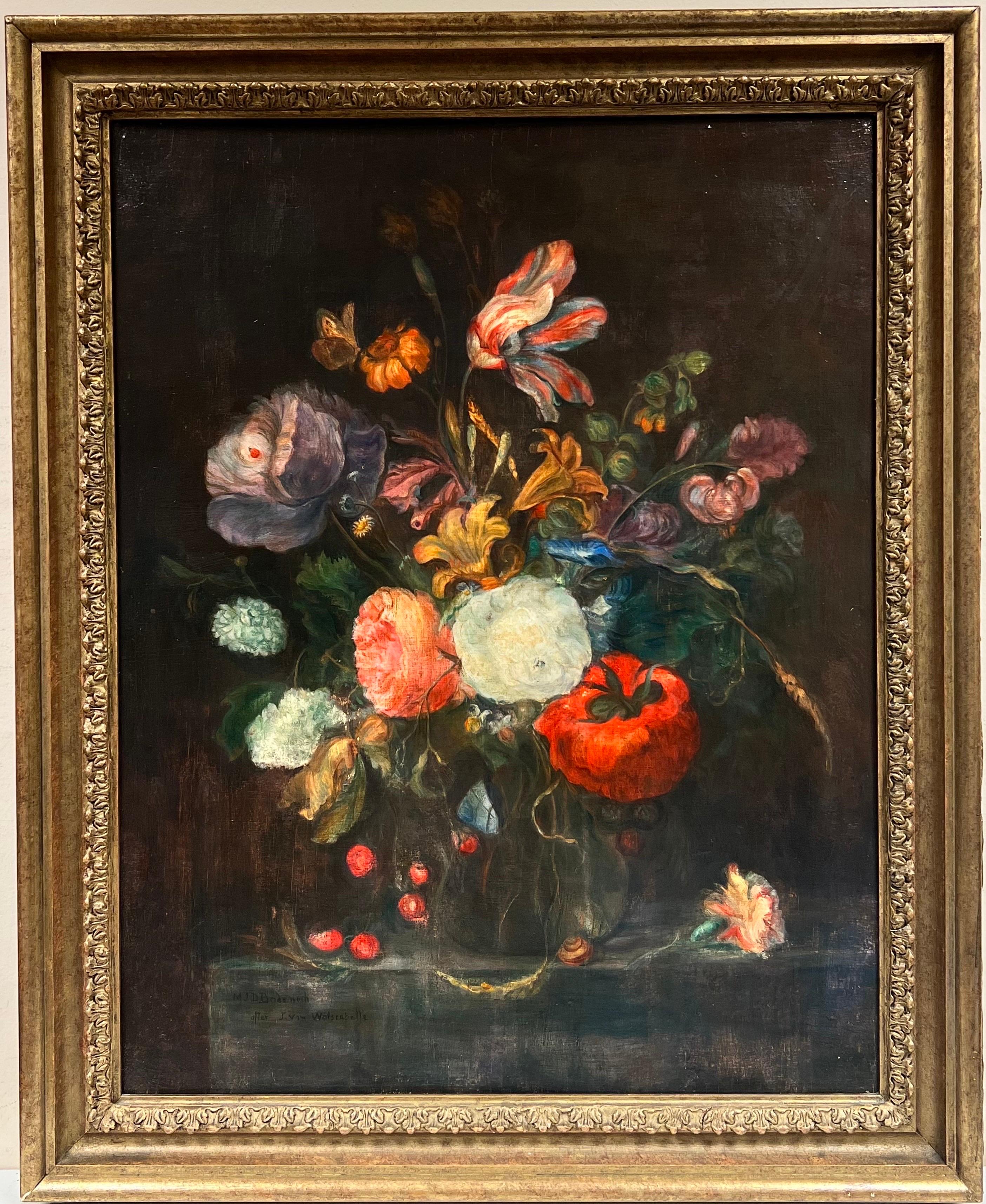 English Antique Still-Life Painting - Fine Classical Still Life Ornamental Flowers in Vase, signed oil painting