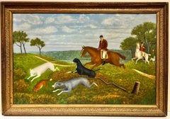 Huge Antique English Primitive Naive Sporting Art Gentlemen Fox Hunting, oil