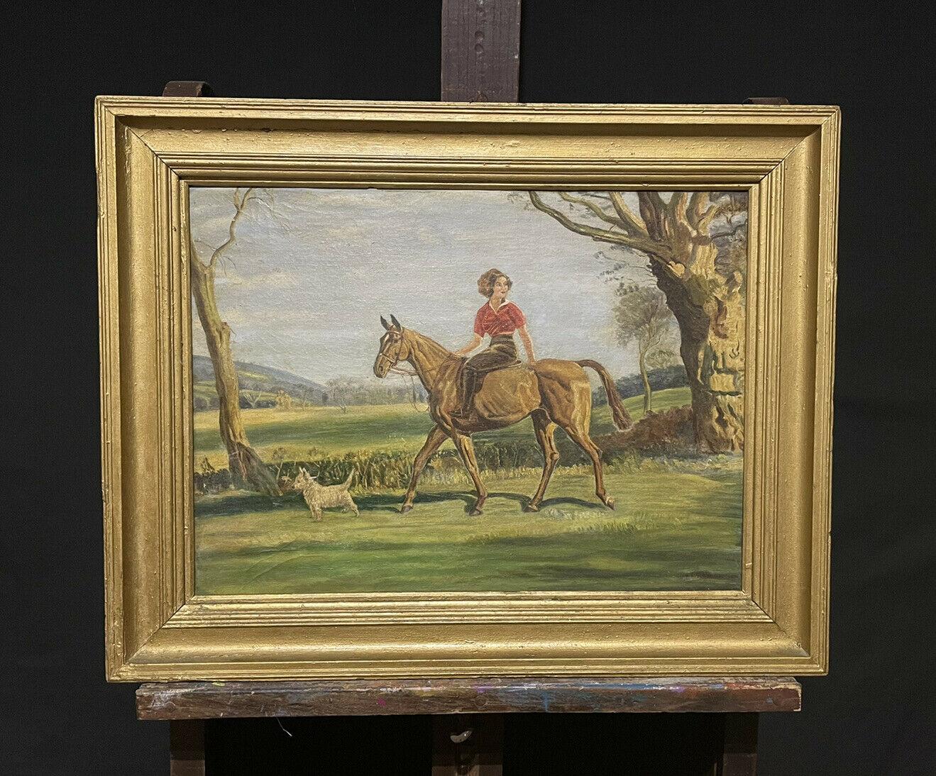 Young Lady on Horse with West Highland Terrier Dog in Landscape, Signed Oil - Painting by English Antique
