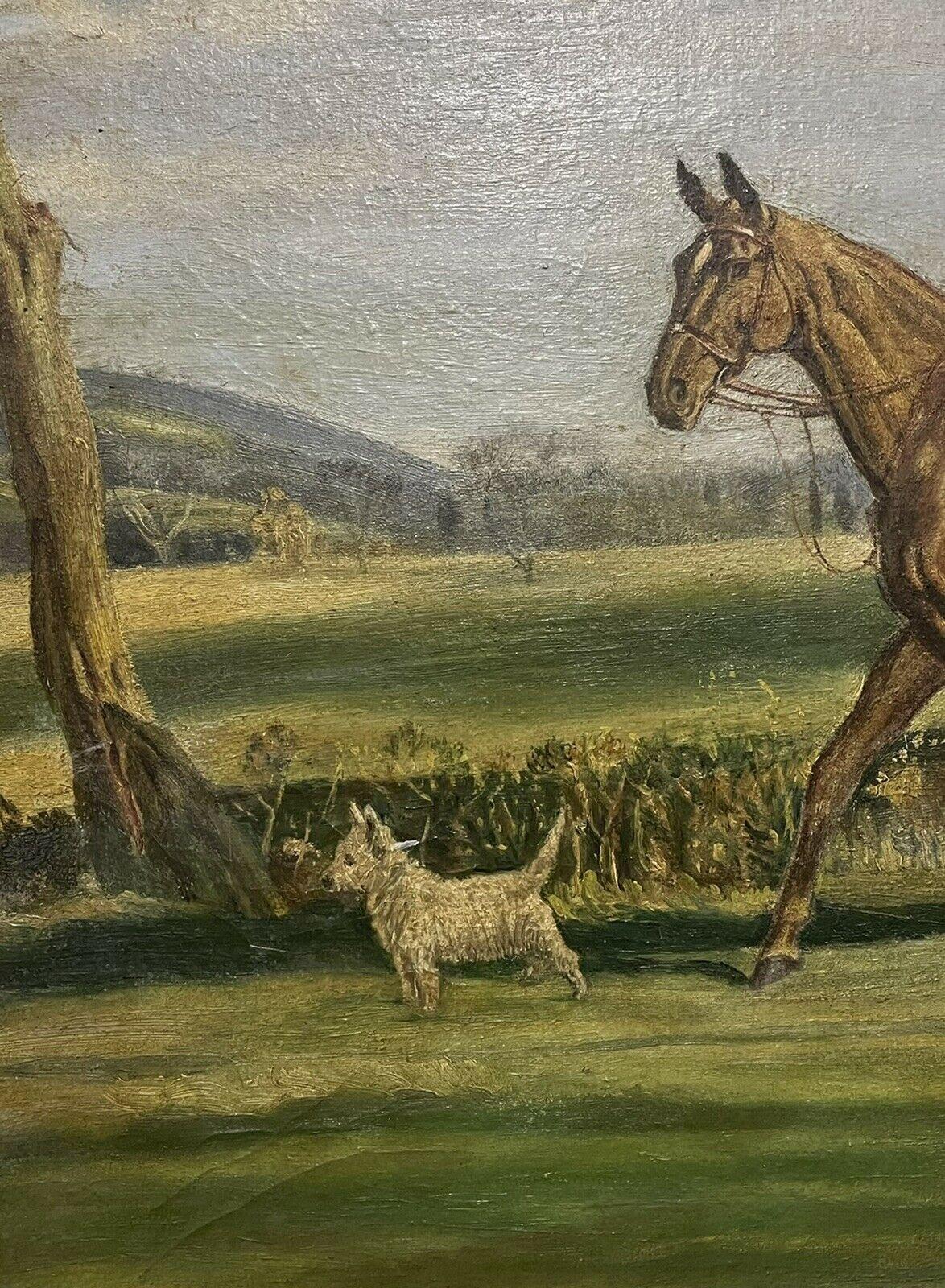 Young Lady on Horse with West Highland Terrier Dog in Landscape, Signed Oil - Impressionist Painting by English Antique