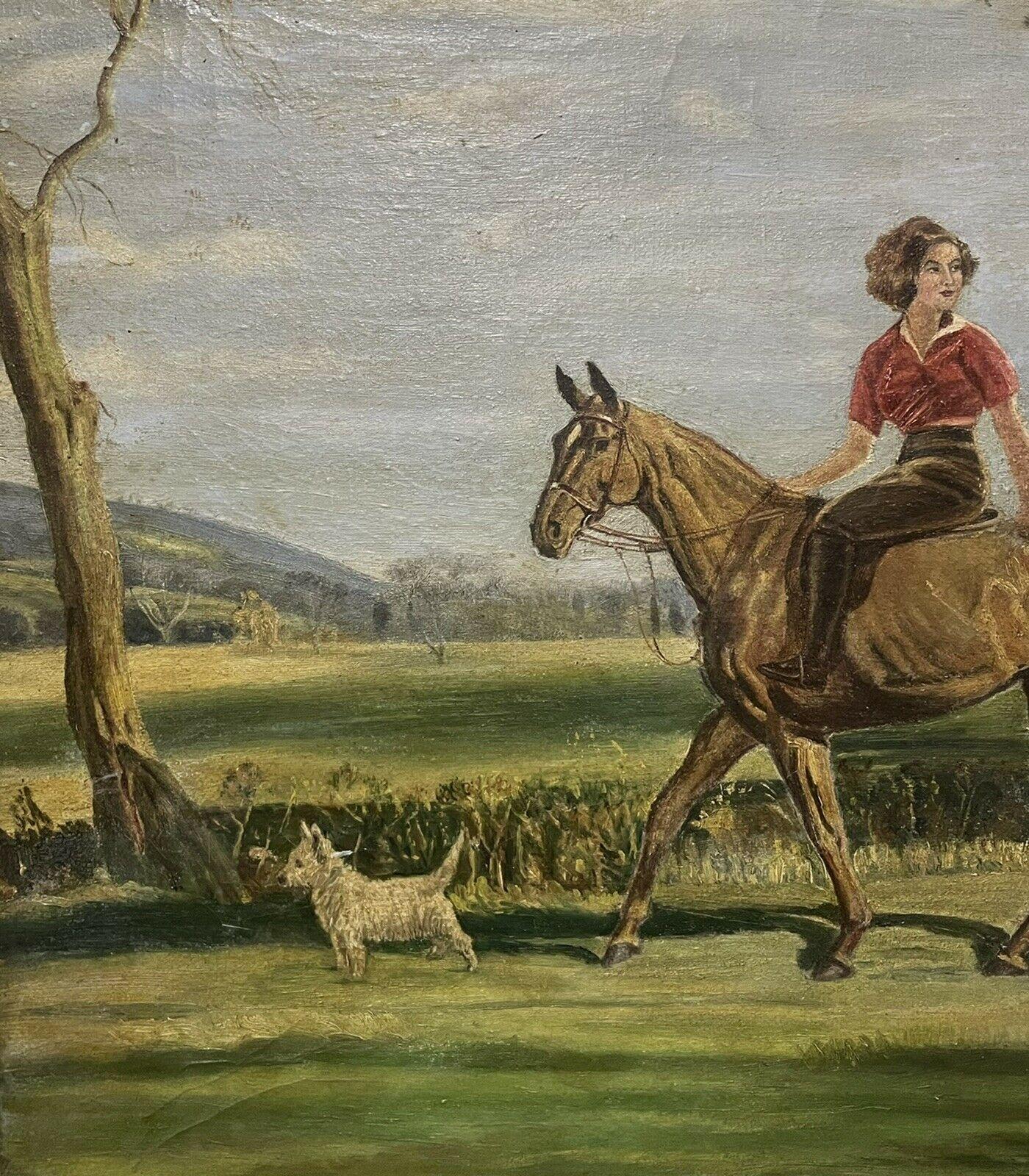 Young Lady on Horse with West Highland Terrier Dog in Landscape, Signed Oil - Gray Animal Painting by English Antique