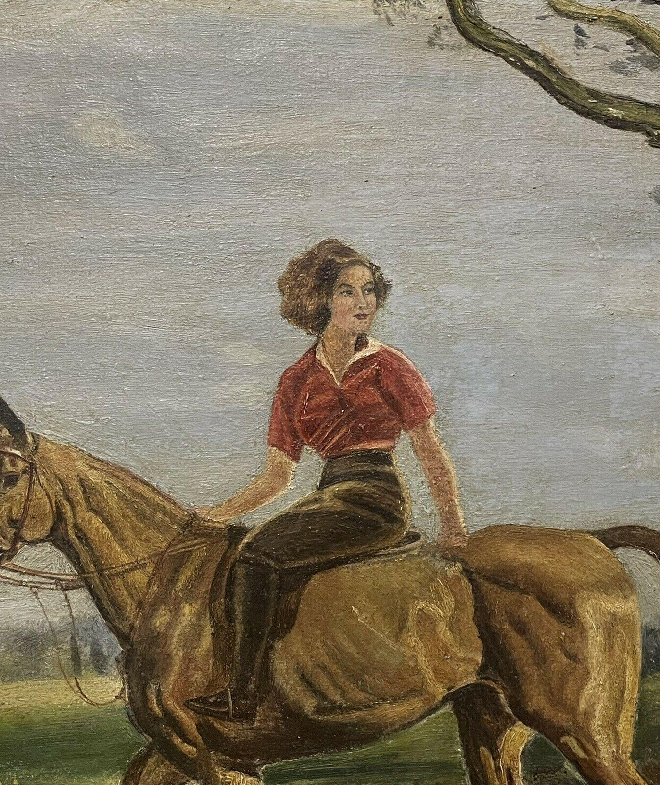 Artist/ School: English School, mid 20th century, indistinctly signed

Title: Portrait of a young lady, riding on her horse in a landscape, with terrier dog. 

Medium: oil painting on board, framed

Size:

framed: 21 x 27 inches
canvas: 16 x 22