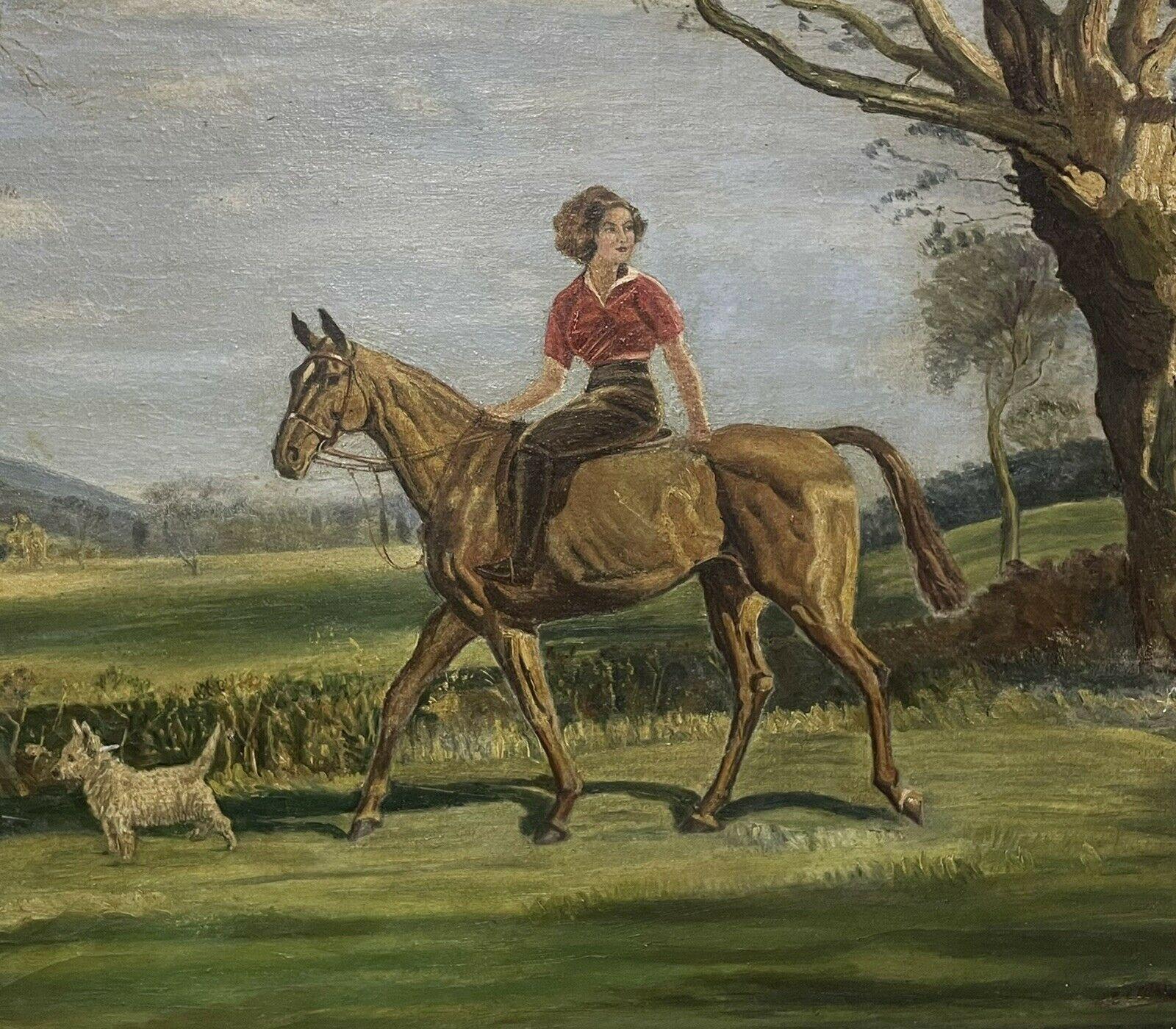 English Antique Animal Painting - Young Lady on Horse with West Highland Terrier Dog in Landscape, Signed Oil
