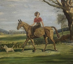 Young Lady on Horse with West Highland Terrier Dog in Landscape, Signed Oil