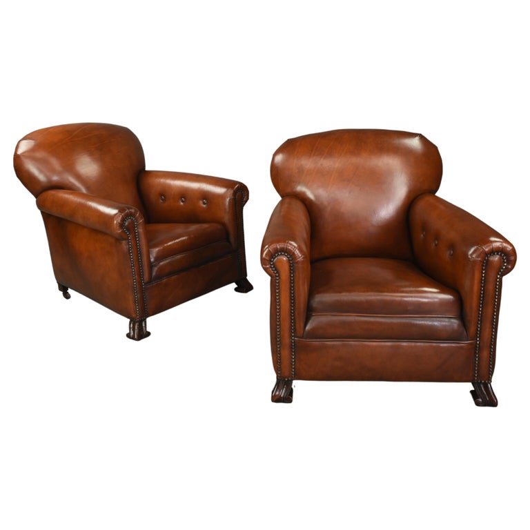 English Antique Pair of Leather Club Chairs at 1stDibs