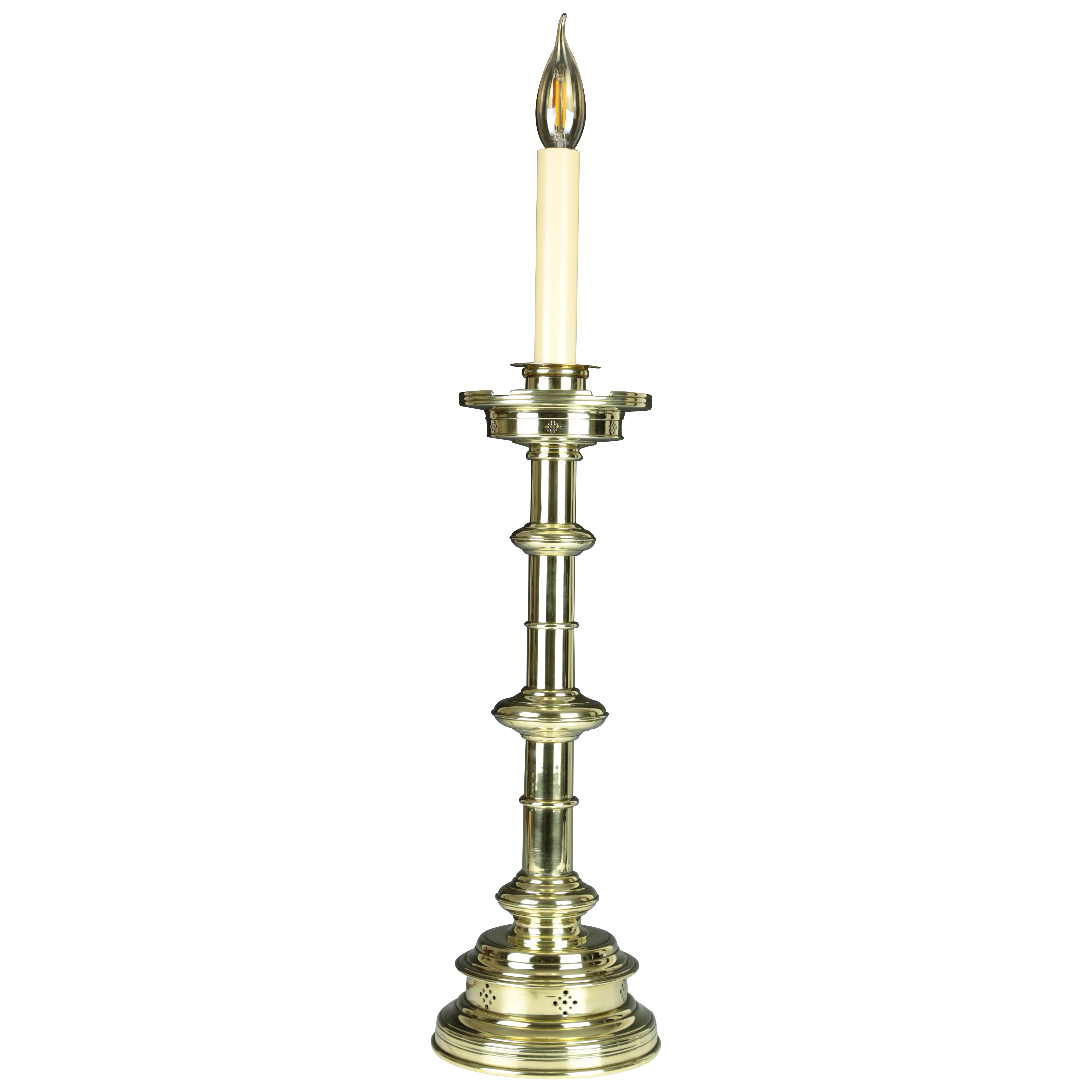 English Antique Pierced Gothic Castellated Candlestick Table Lamp For Sale
