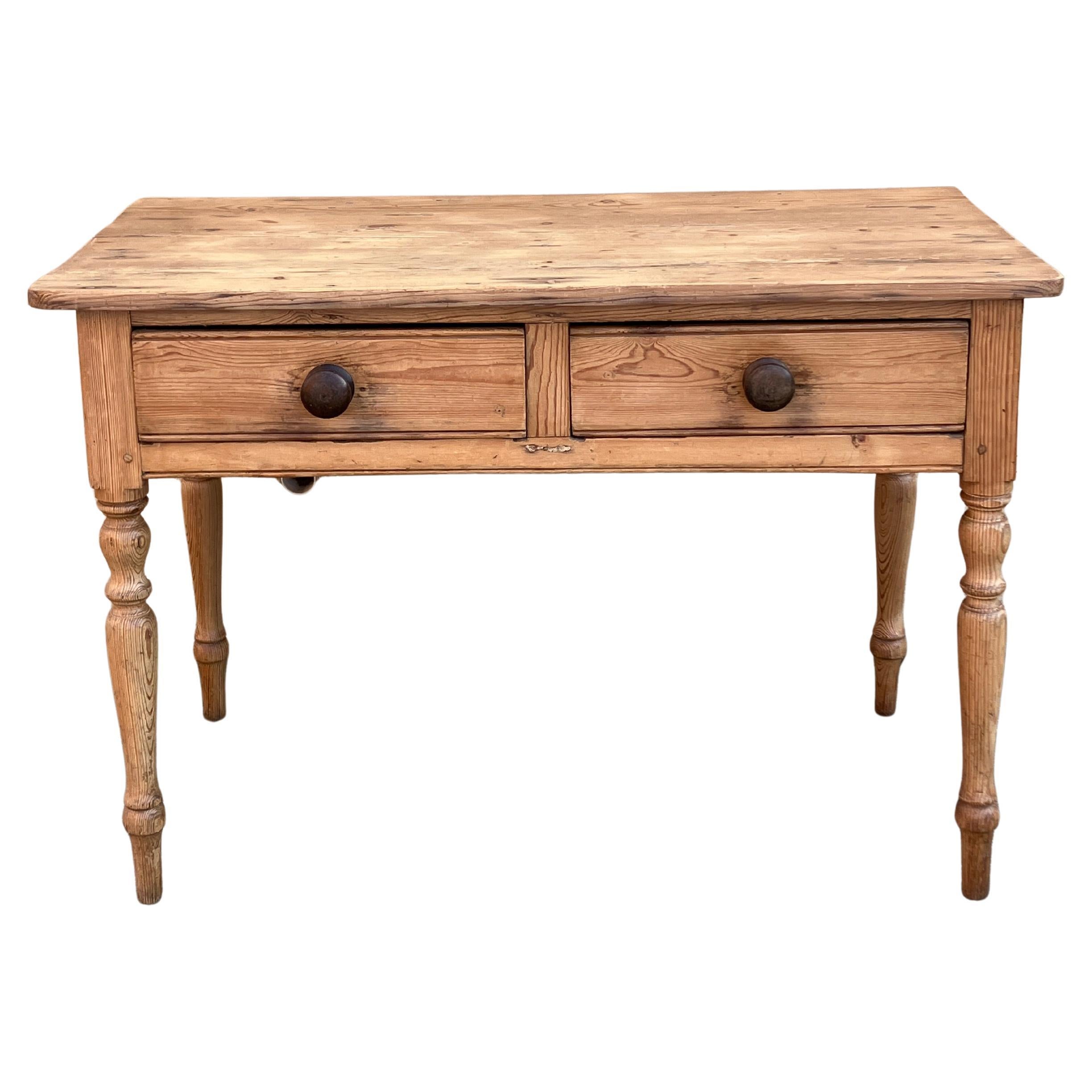 Tavolo consolle in pino antico inglese / scrivania provinciale con cassetti