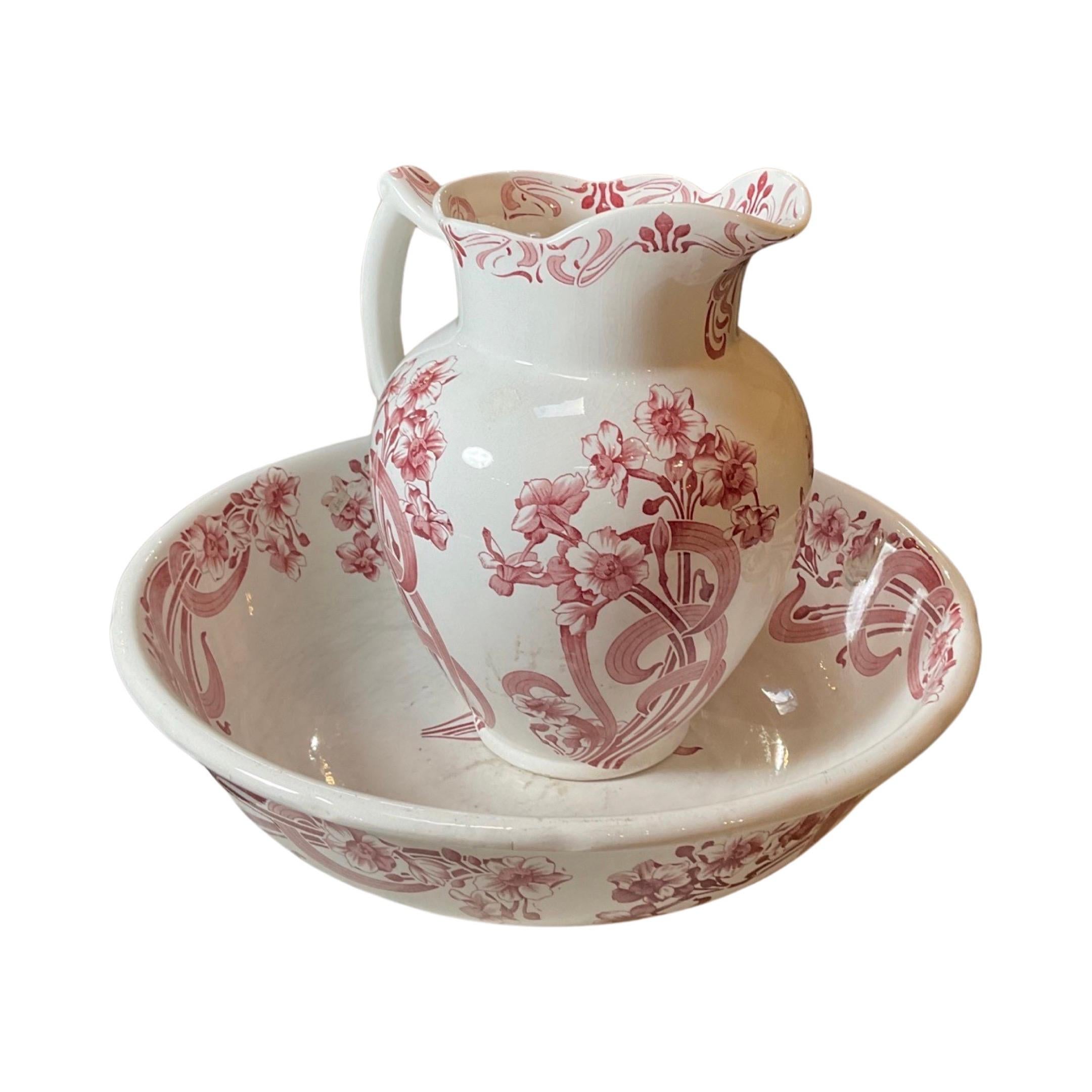 19th Century English Antique Porcelain Bowl and Pitcher For Sale