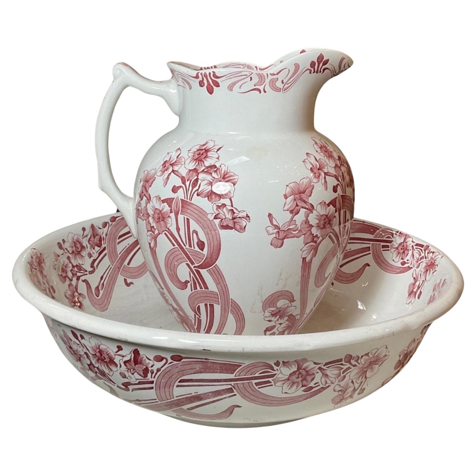 English Antique Porcelain Bowl and Pitcher For Sale