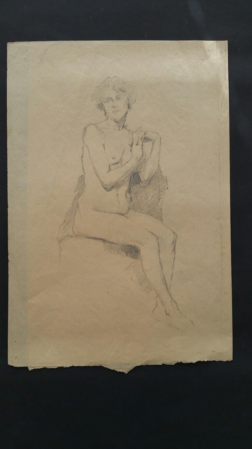 English Graphite Sketch of a Female Nude, Seated (with additional image attached) 
by Henry George Moon (British 1857-1905)
on yellowed thin artists paper, unframed
measurements: sheet 14.75 x 10 inches 

provenance: from the artists