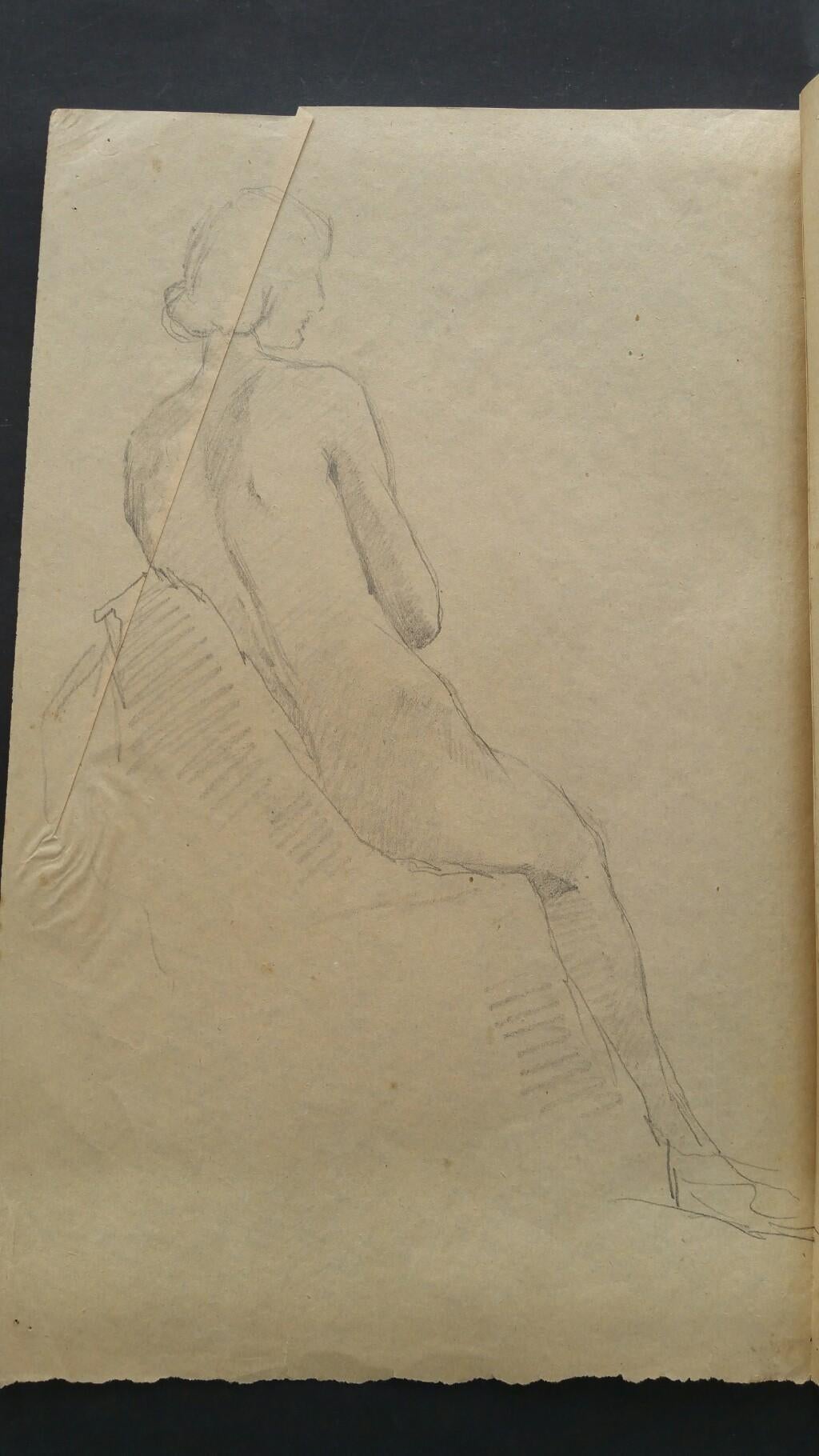 19th Century English Antique Portrait Sketch of Female Nude Seated 'with Additional Image' For Sale