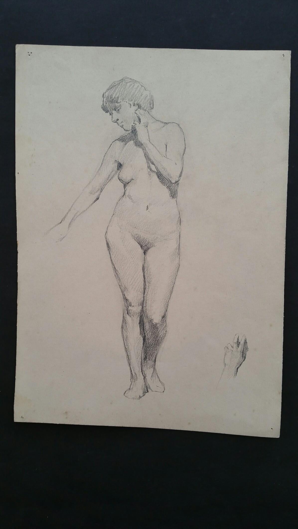 English graphite sketch of a female nude, standing.
by Henry George Moon (British 1857-1905).
on off white artists paper, unframed.
Measurements: sheet 14.75 x 10.5 inches.

Provenance: from the artists estate.

Condition report: pin holes to
