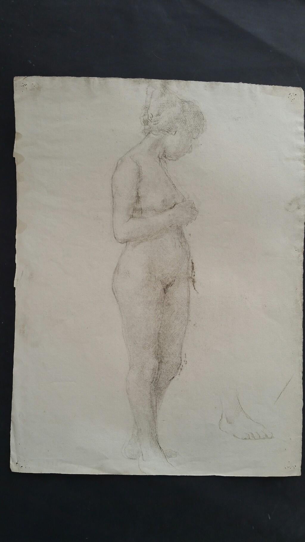 English graphite sketch of a female nude, standing.
by Henry George Moon (British 1857-1905).
On off white artists paper, unframed.
Measurements: sheet 21 x 15.5 inches.

Provenance: from the artists estate.

Condition report: pin holes to