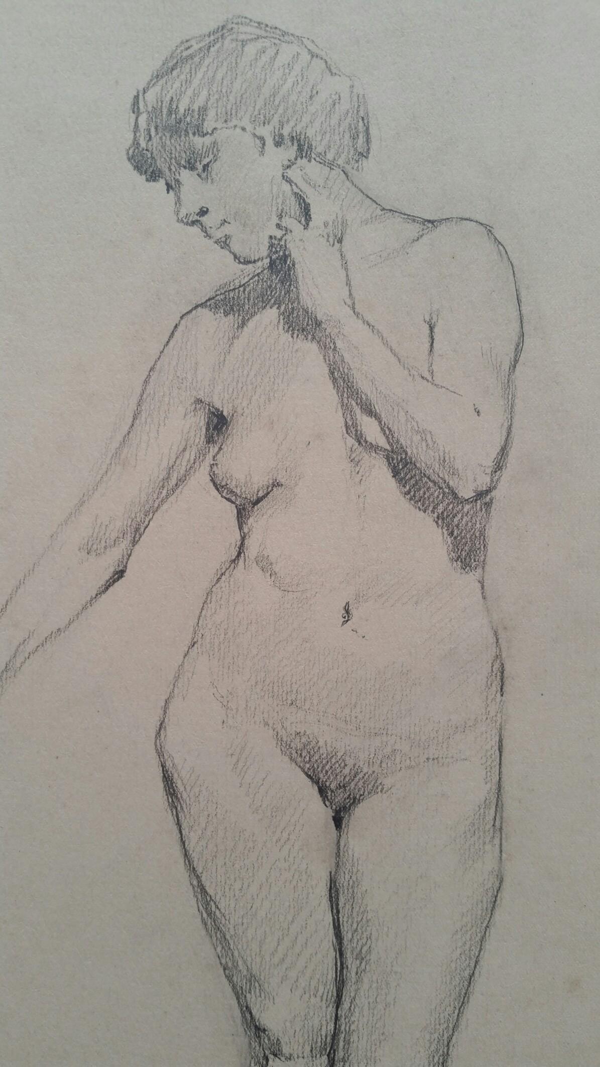 English Antique Portrait Sketch of Female Nude Standing In Good Condition For Sale In Cirencester, GB