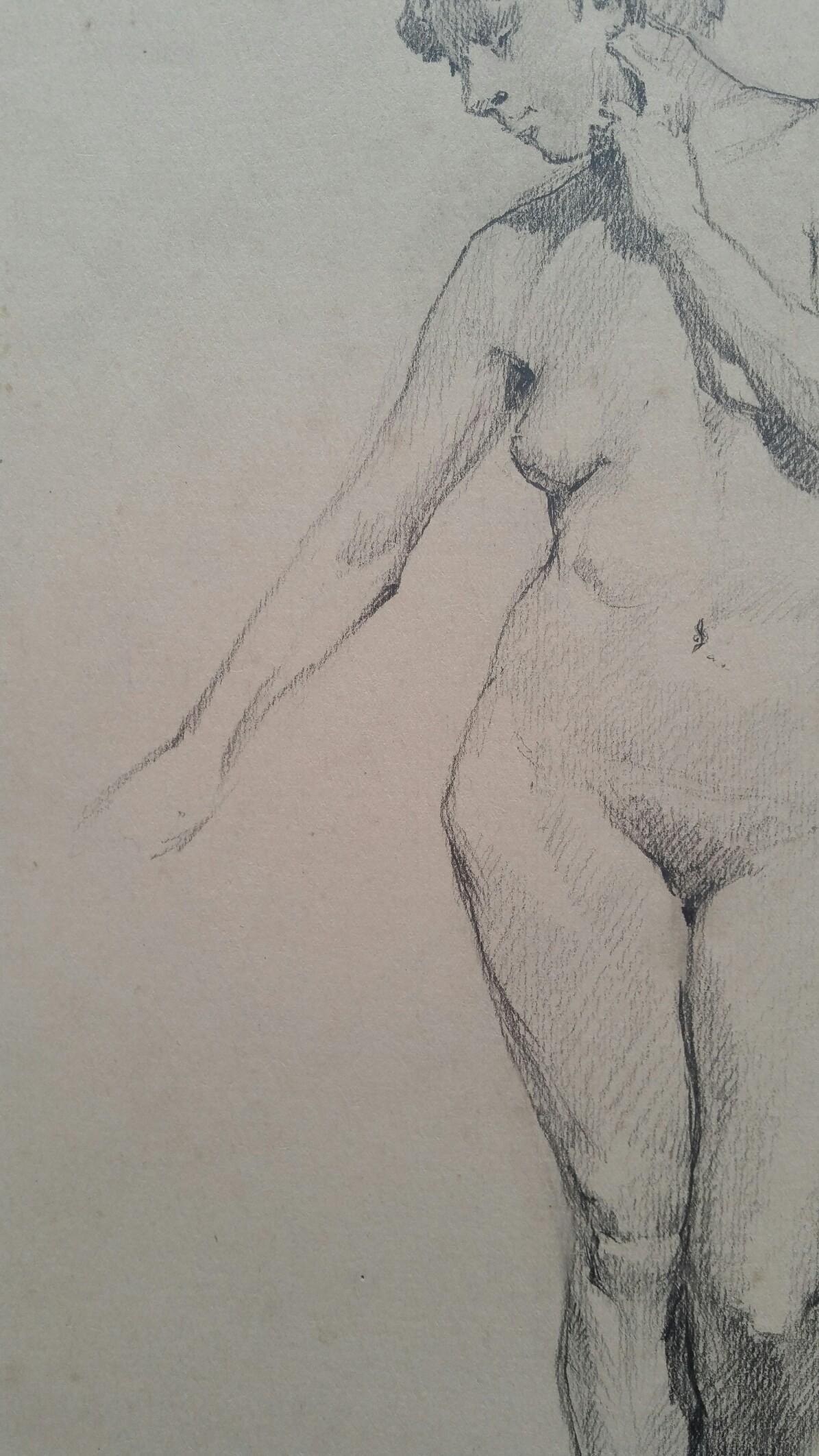 19th Century English Antique Portrait Sketch of Female Nude Standing For Sale