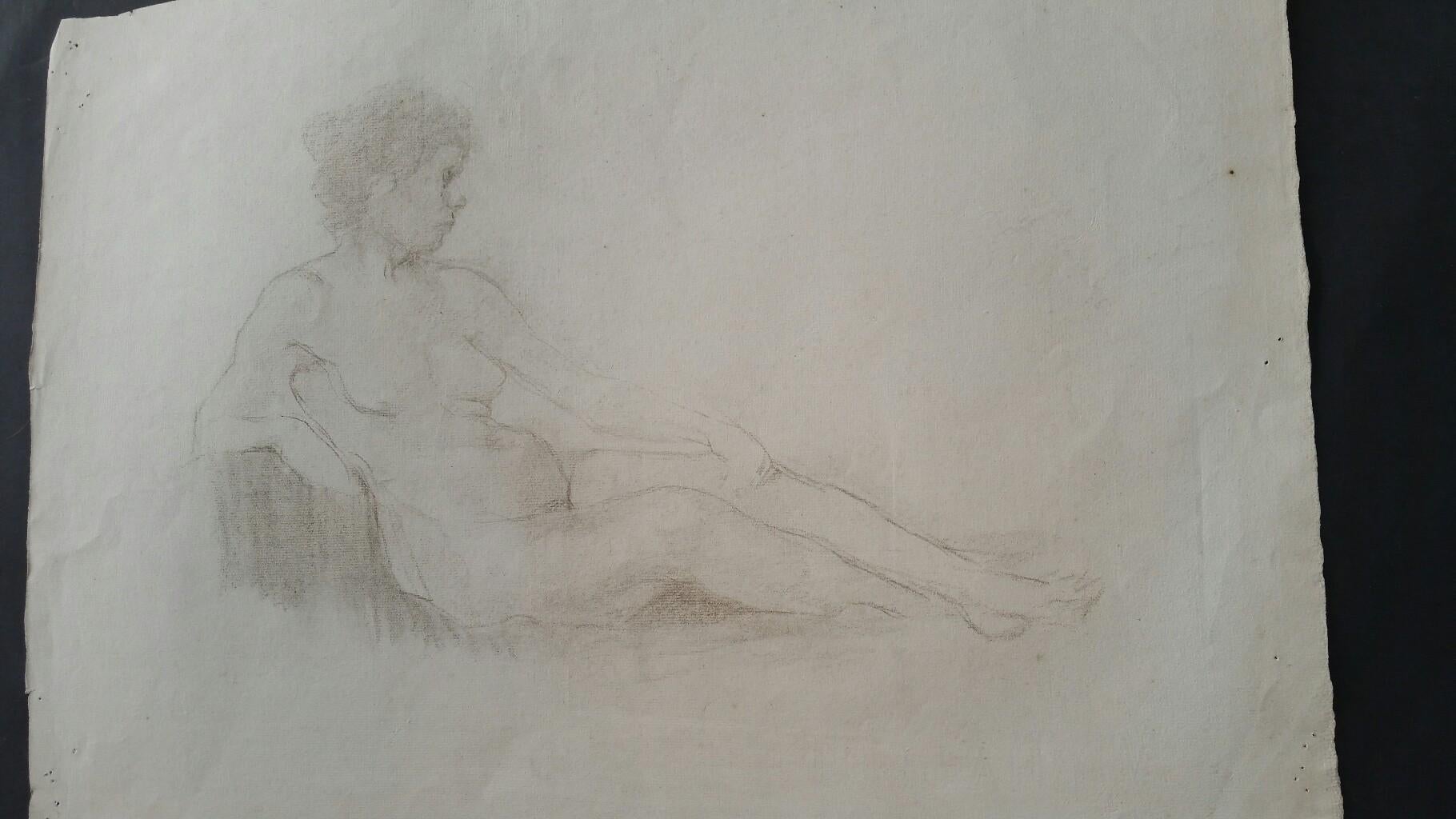 English Graphite Sketch of a Female Nude, Reclining (double sided sheet, another similar image verso)
by Henry George Moon (British 1857-1905)
on off white artists paper, unframed
measurements: sheet 15 x 21 inches 

provenance: from the